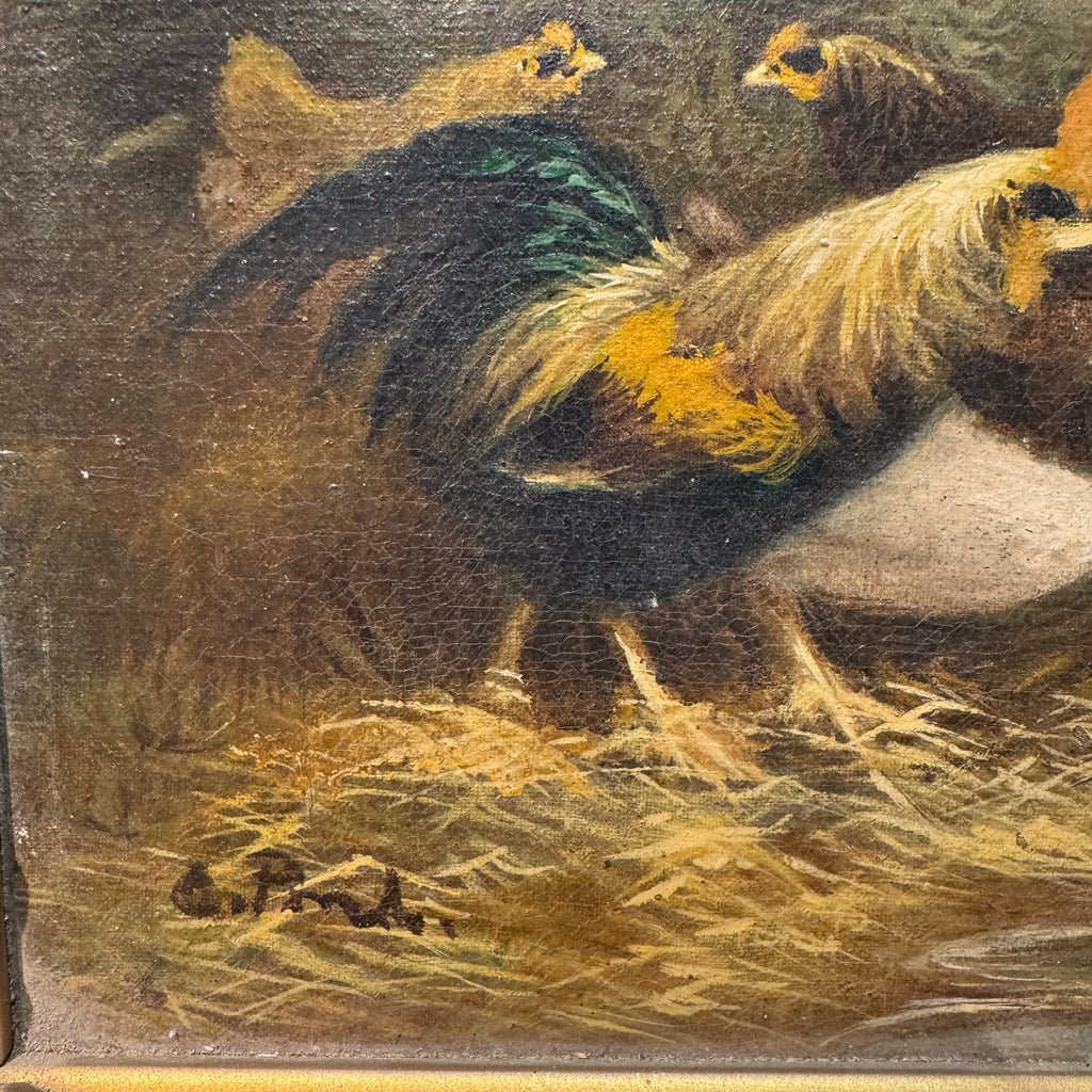 Antique Gilt-Framed Oil Painting with Chickens