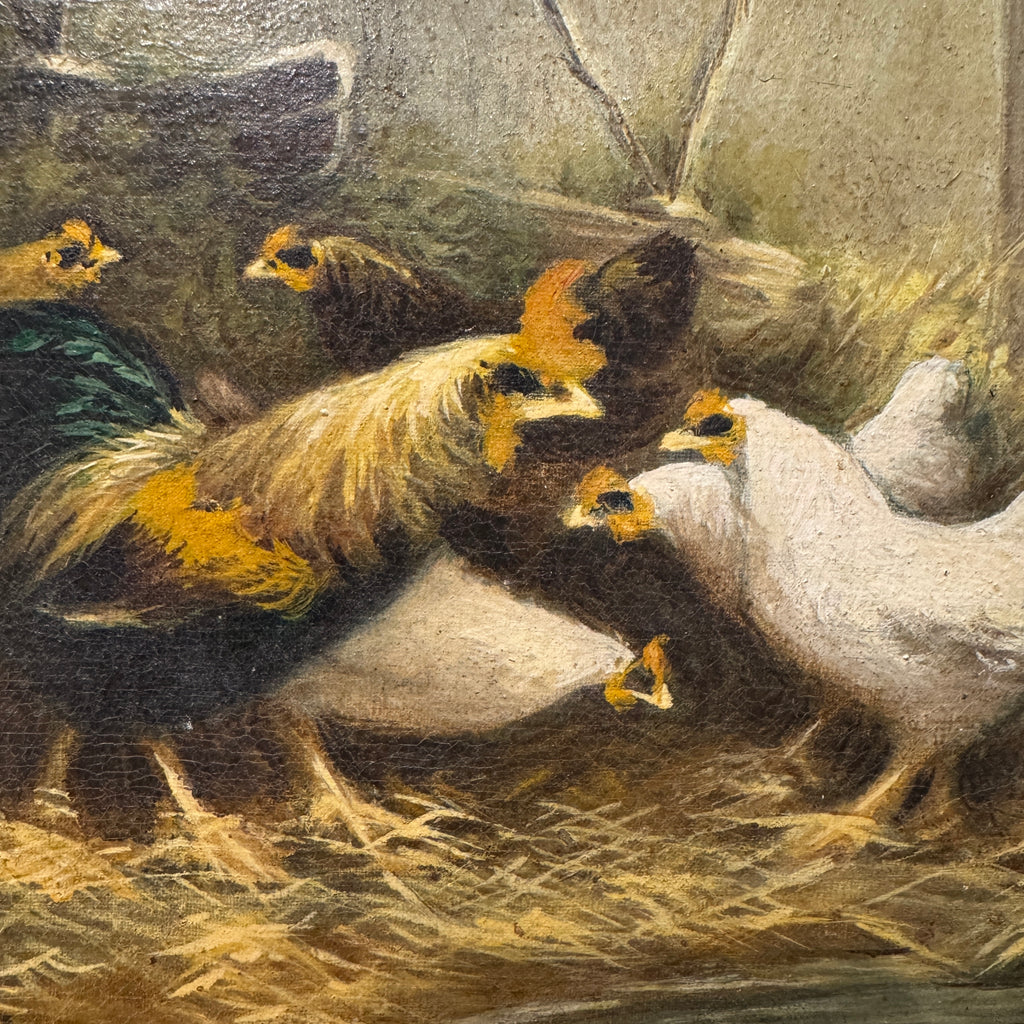 Antique Gilt-Framed Oil Painting with Chickens