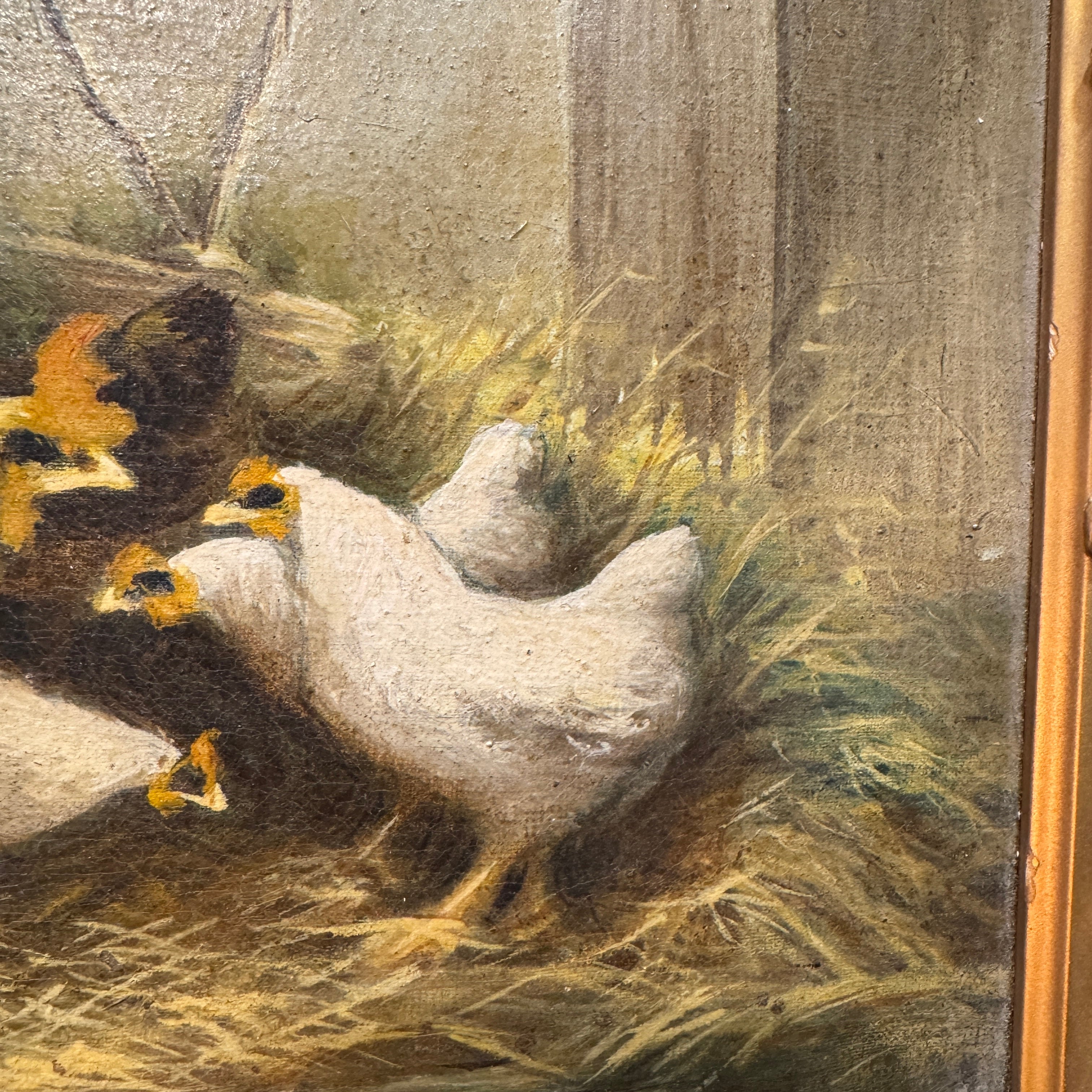 Antique Gilt-Framed Oil Painting with Chickens