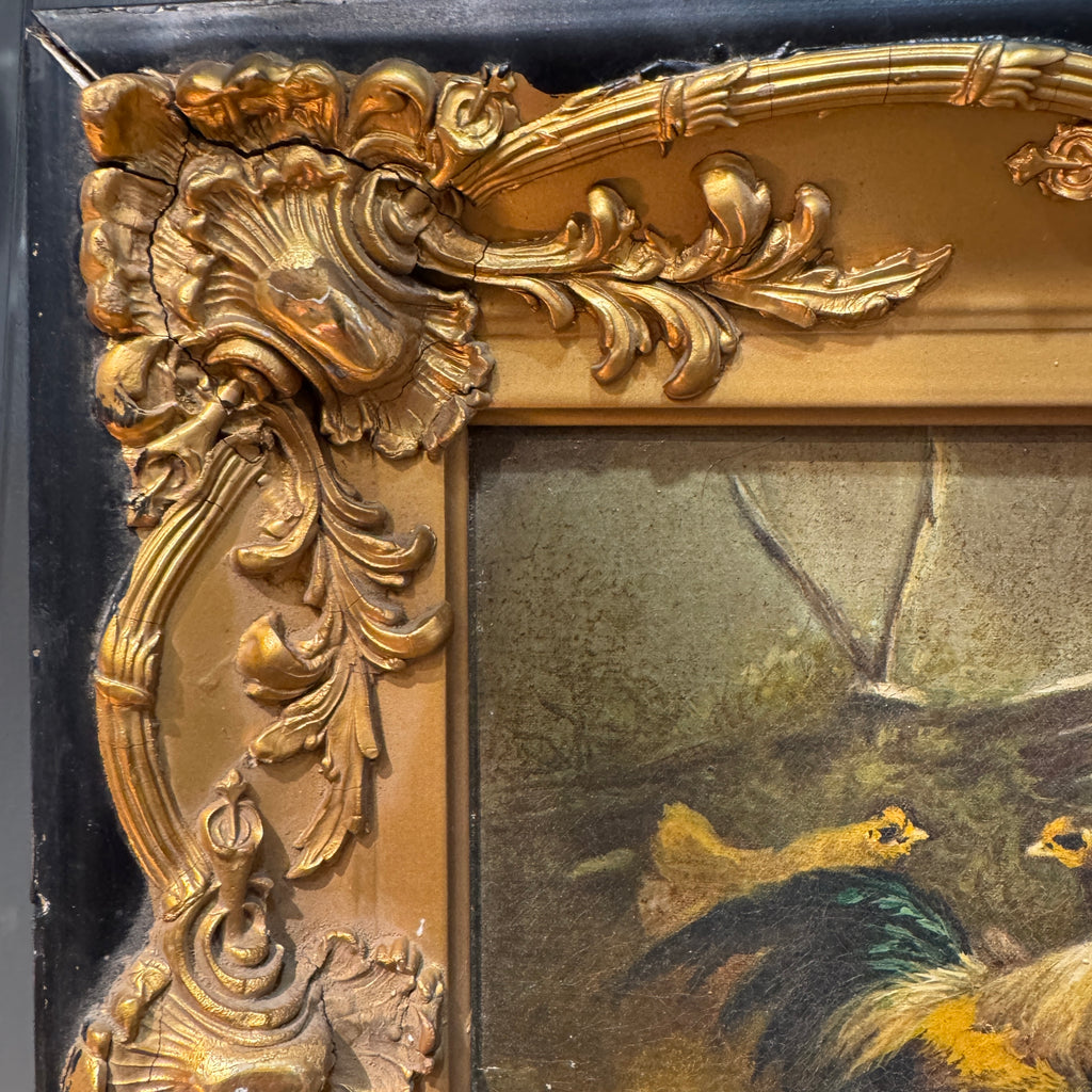 Antique Gilt-Framed Oil Painting with Chickens