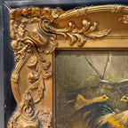 Antique Gilt-Framed Oil Painting with Chickens
