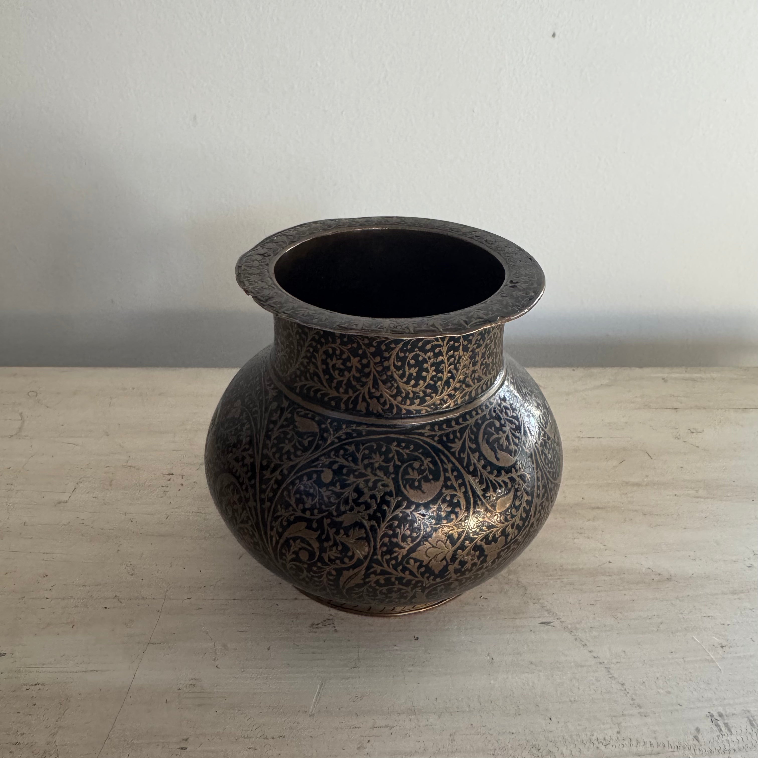 Antique Ornate Blackened Brass Vessel