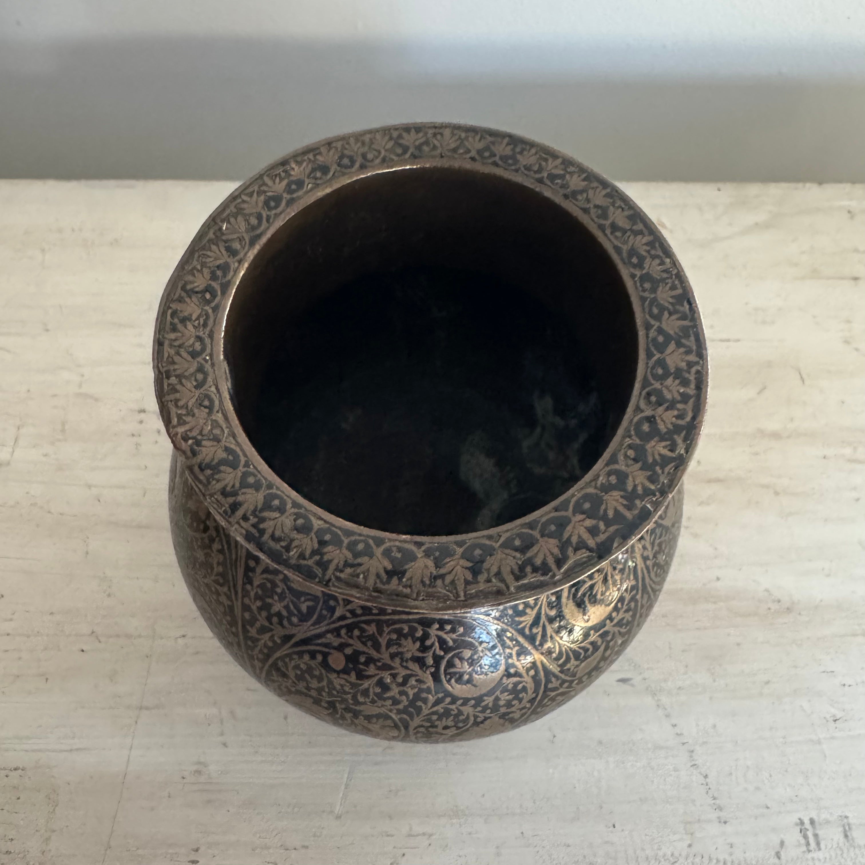 Antique Ornate Blackened Brass Vessel