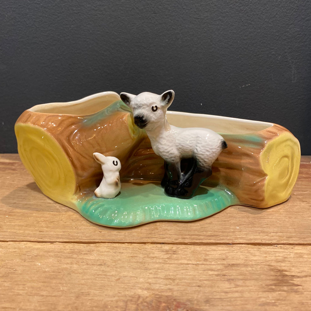 Hornsea Fauna Royal Lamb & Rabbit Log Planter No. 106 – Made in England