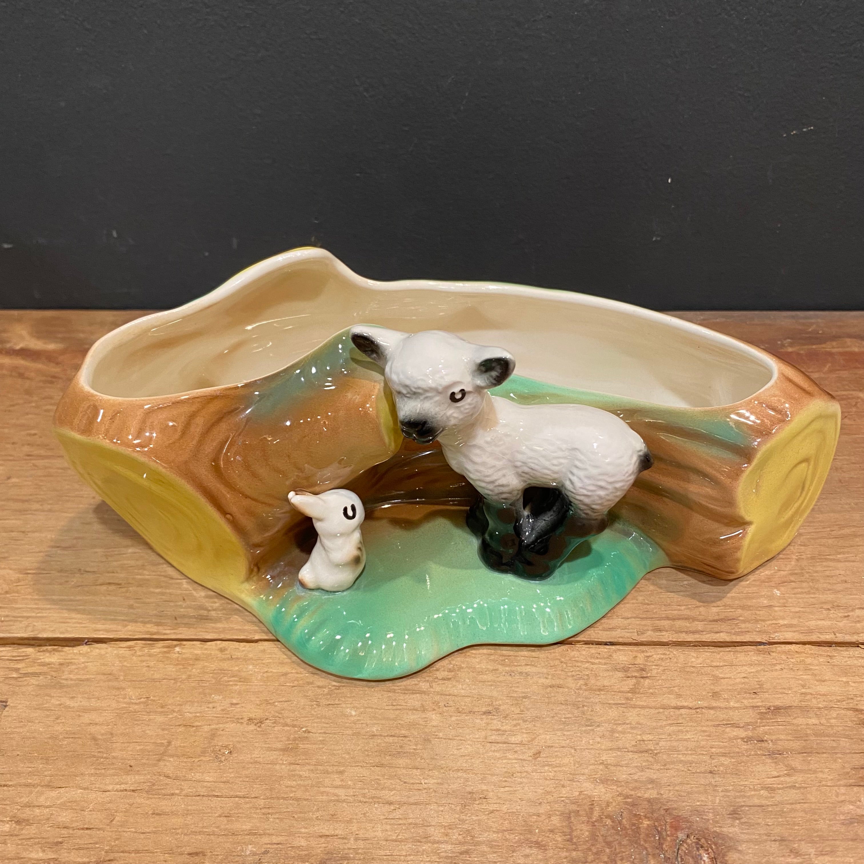 Hornsea Fauna Royal Lamb & Rabbit Log Planter No. 106 – Made in England