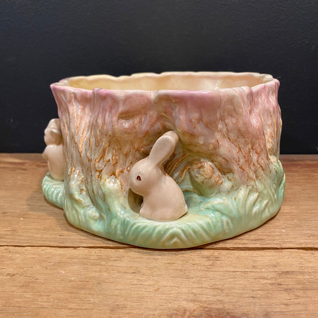 Vintage Sylvac English Pixie & Rabbit Tree Stump Planter – Made in England