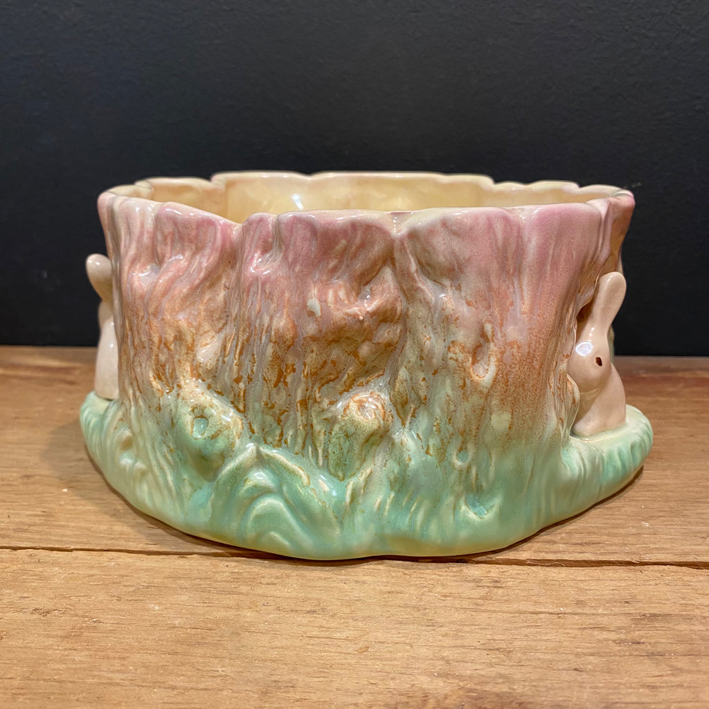 Vintage Sylvac English Pixie & Rabbit Tree Stump Planter – Made in England