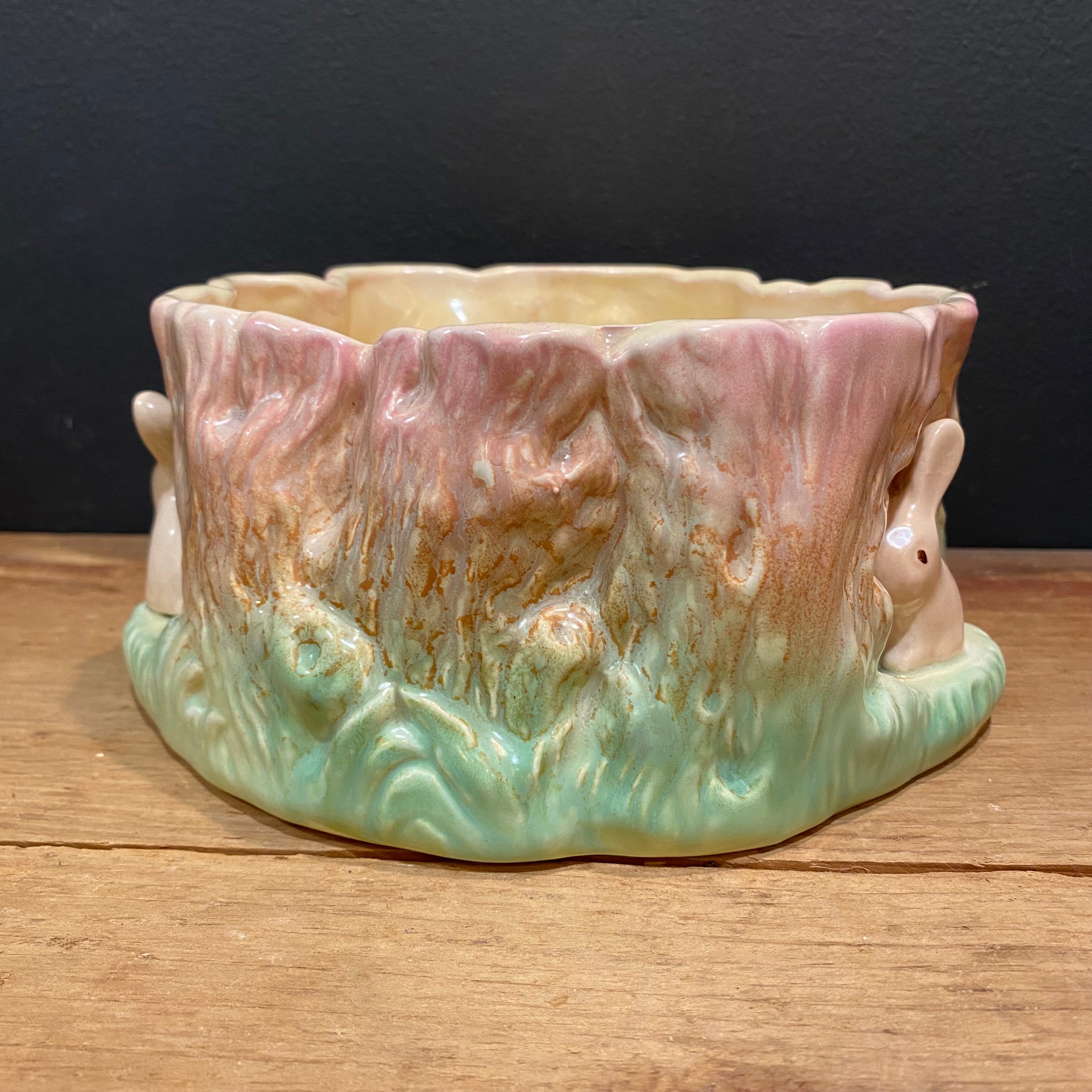 Vintage Sylvac English Pixie & Rabbit Tree Stump Planter – Made in England