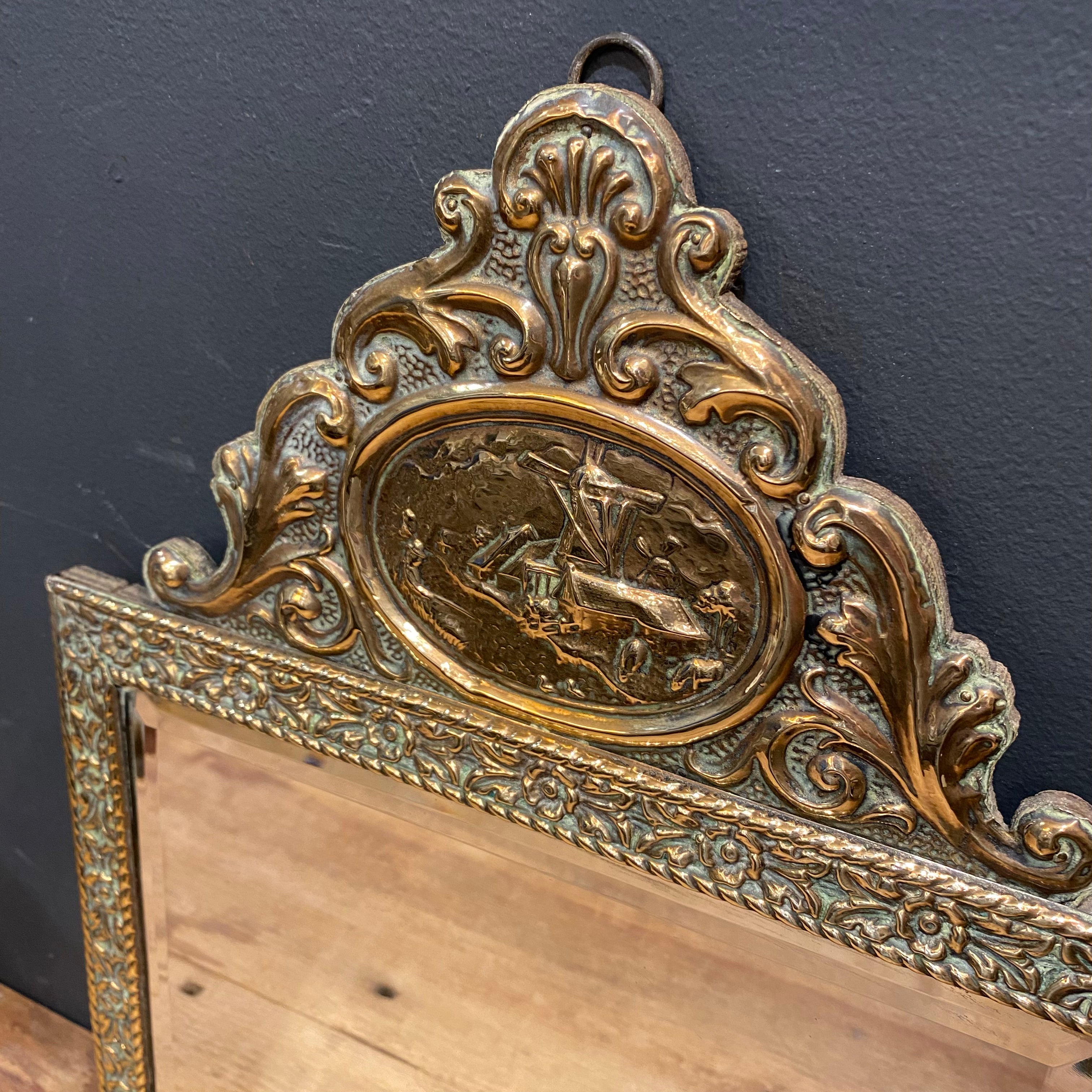 Vintage Dutch Brass Wall Mirror with Windmill Crest | Beveled Mirror | 17" Tall