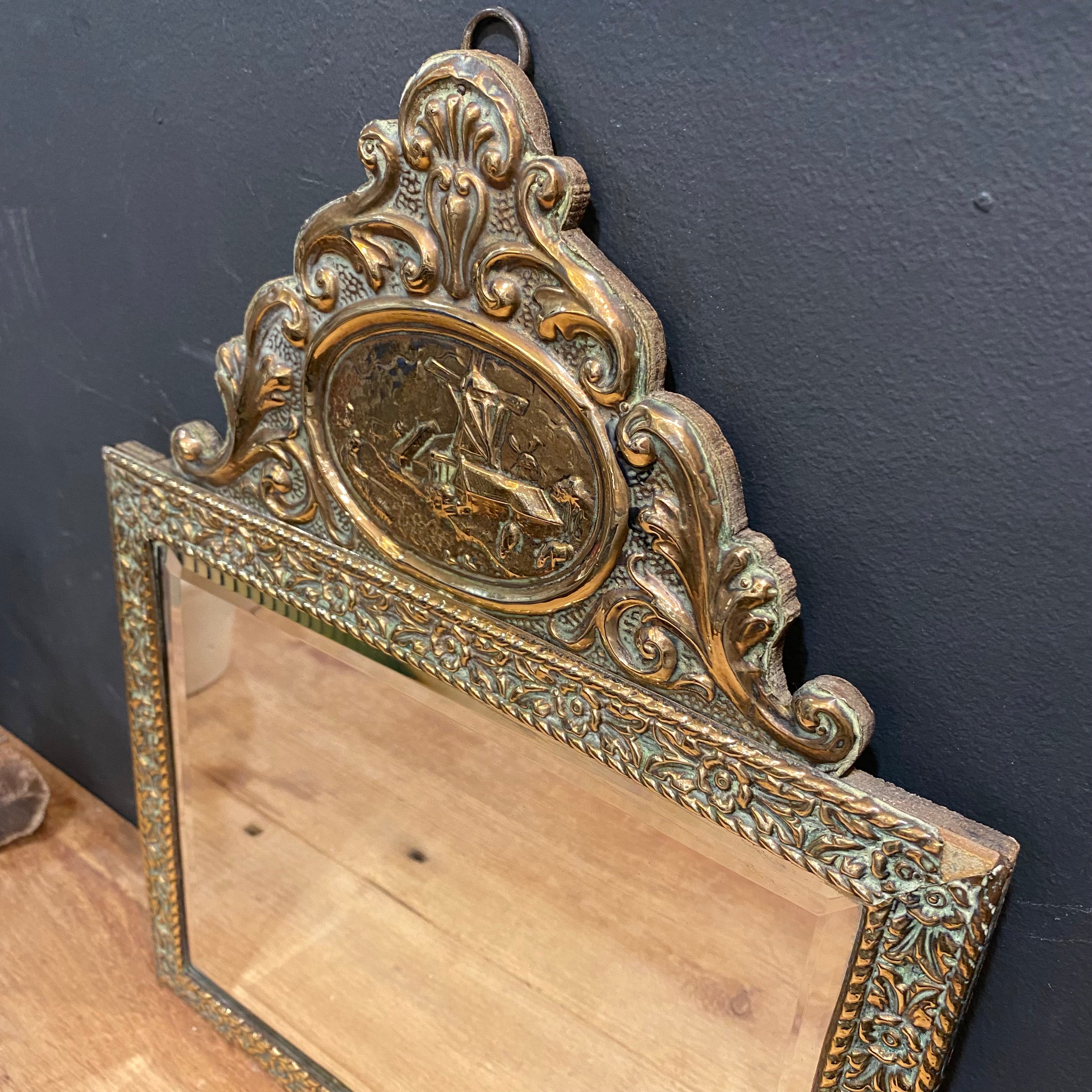 Vintage Dutch Brass Wall Mirror with Windmill Crest | Beveled Mirror | 17" Tall