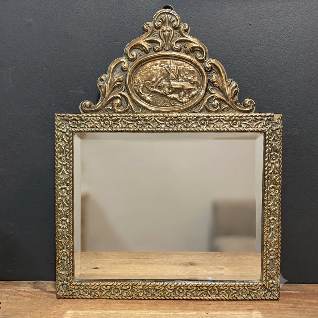 Vintage Dutch Brass Wall Mirror with Windmill Crest | Beveled Mirror | 17" Tall