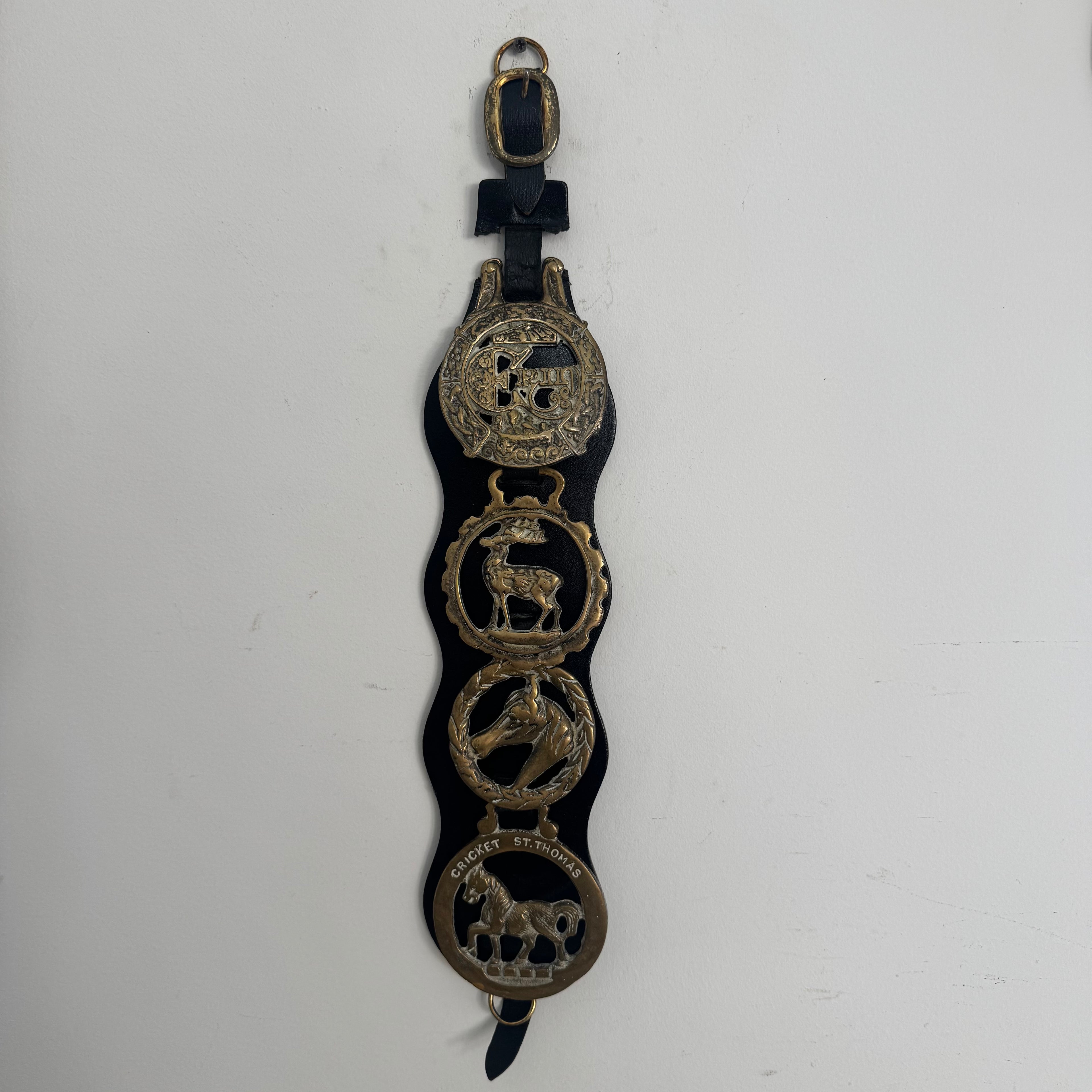 English Somerset estate Horse Brass on Leather *as found