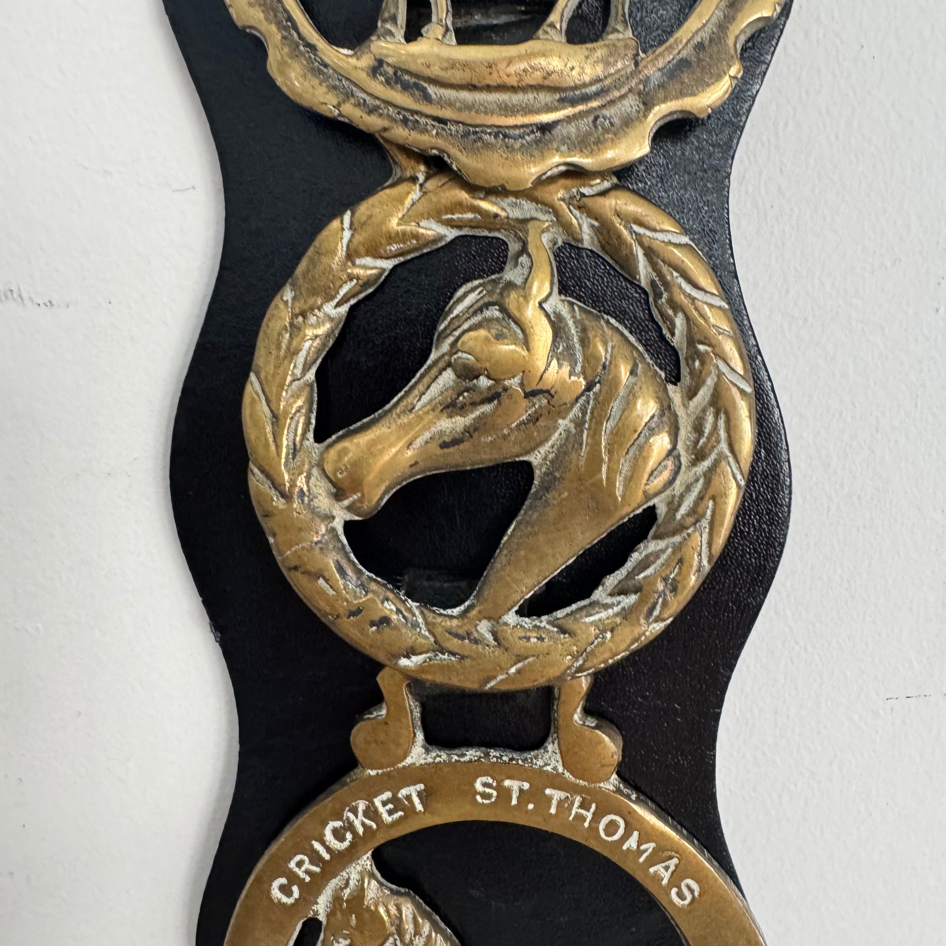 English Somerset estate Horse Brass on Leather *as found
