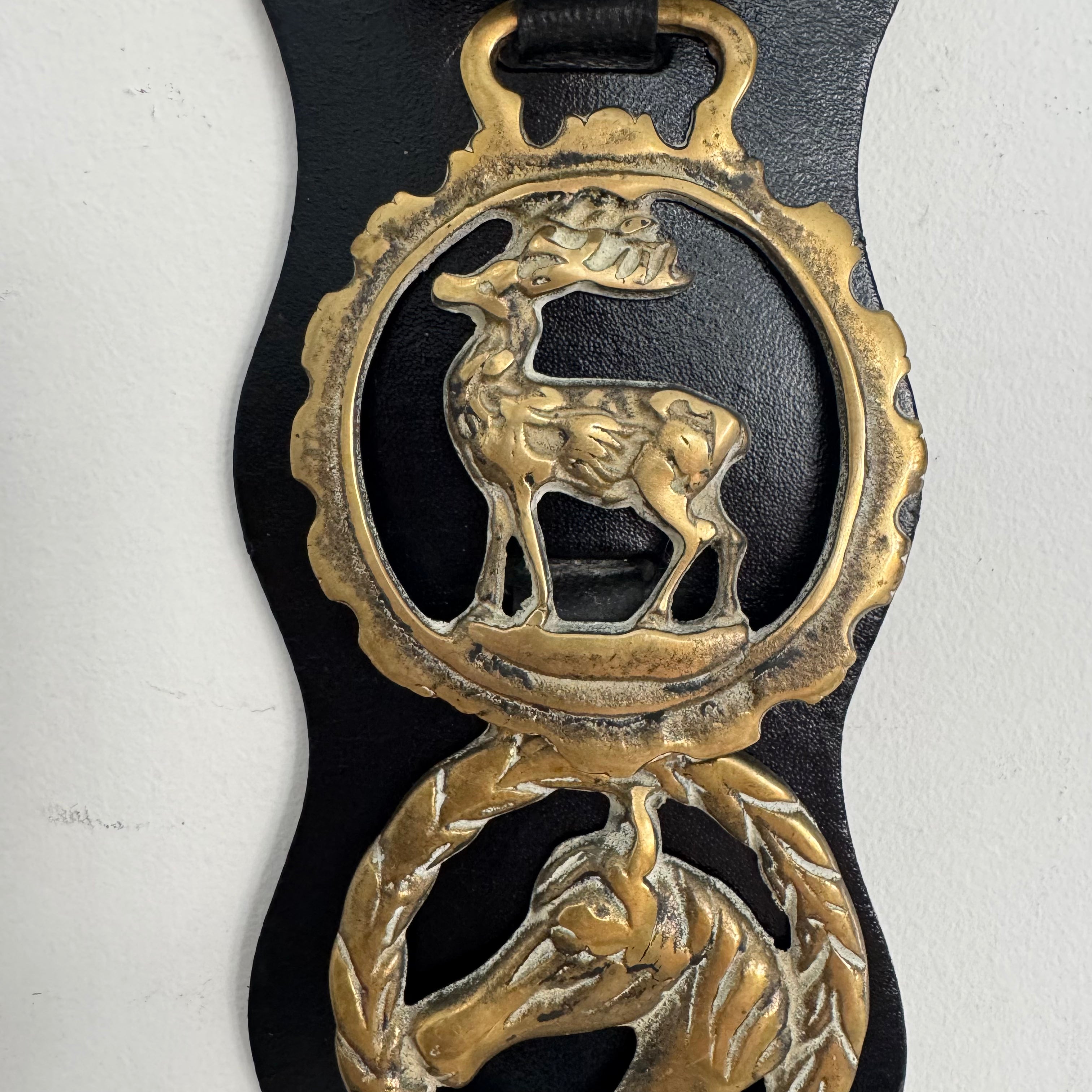 English Somerset estate Horse Brass on Leather *as found