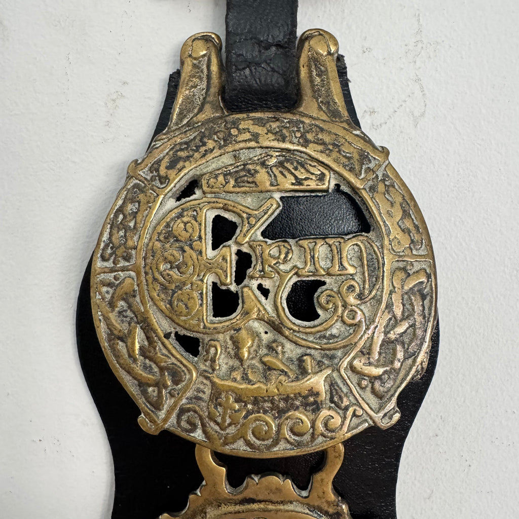 English Somerset estate Horse Brass on Leather *as found