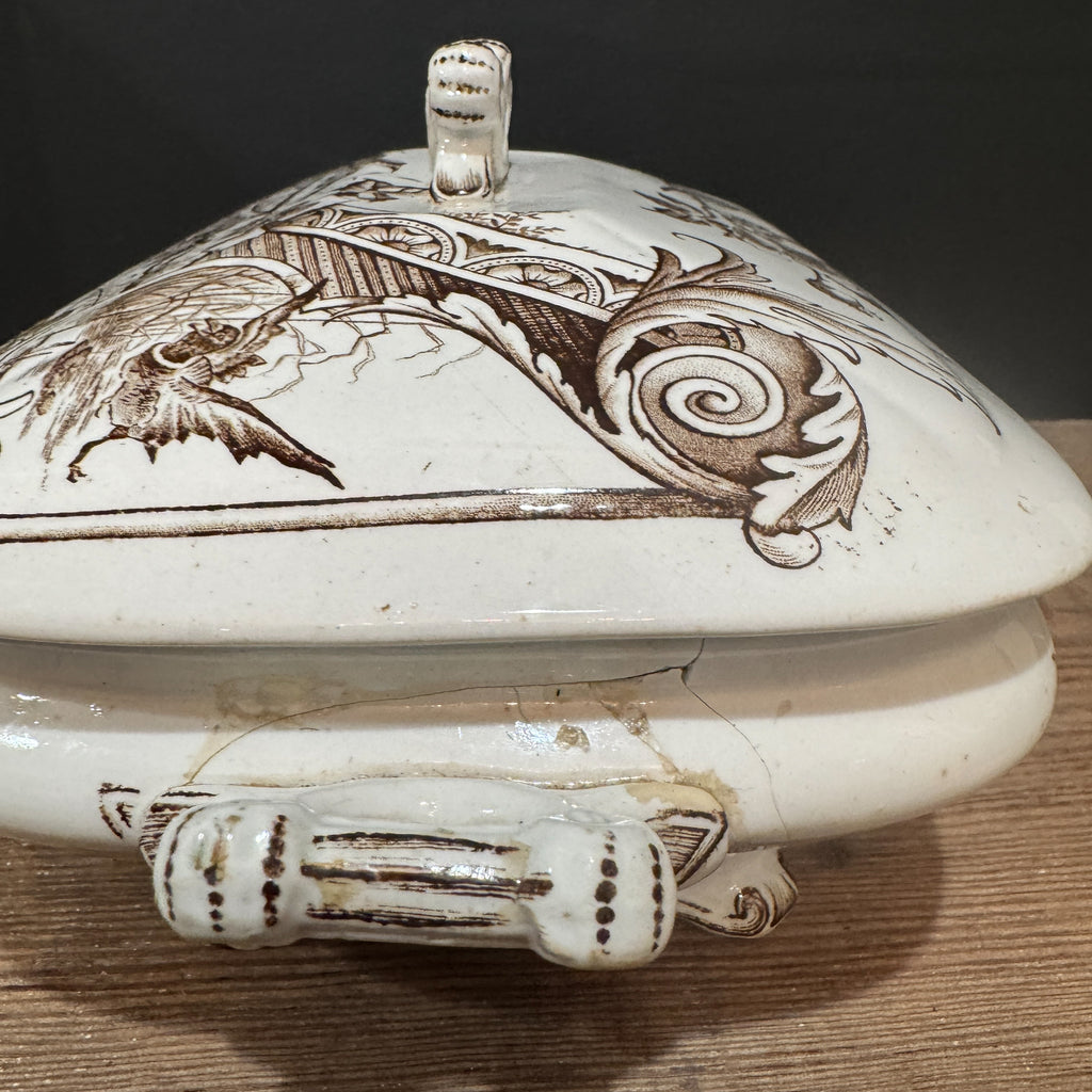 English Brown Transferware Tureen w/ Lid *as found