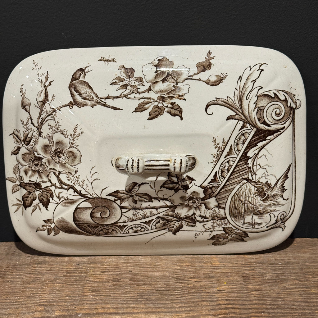 English Brown Transferware Tureen w/ Lid *as found