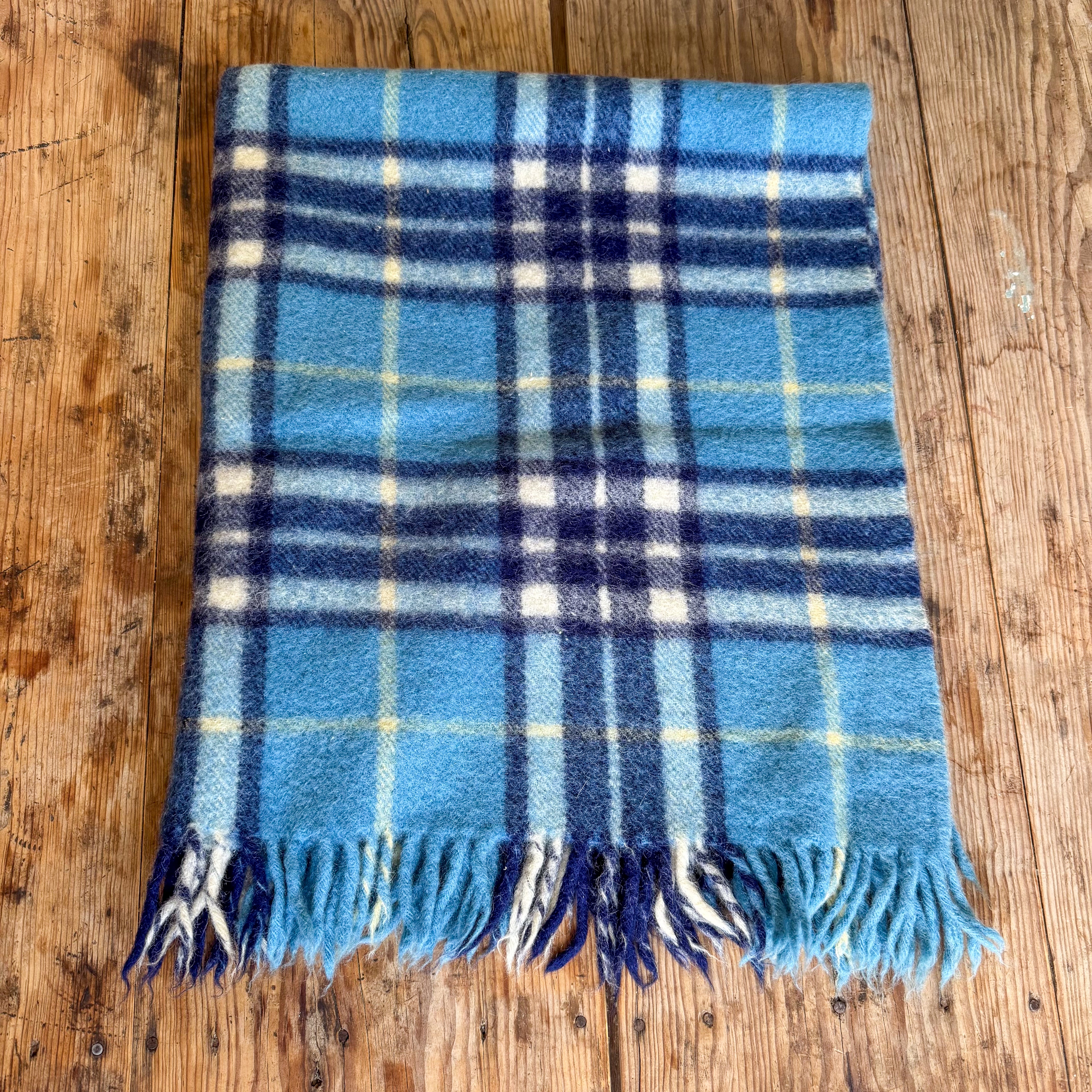 Vintage Blue Plaid Wool Blanket