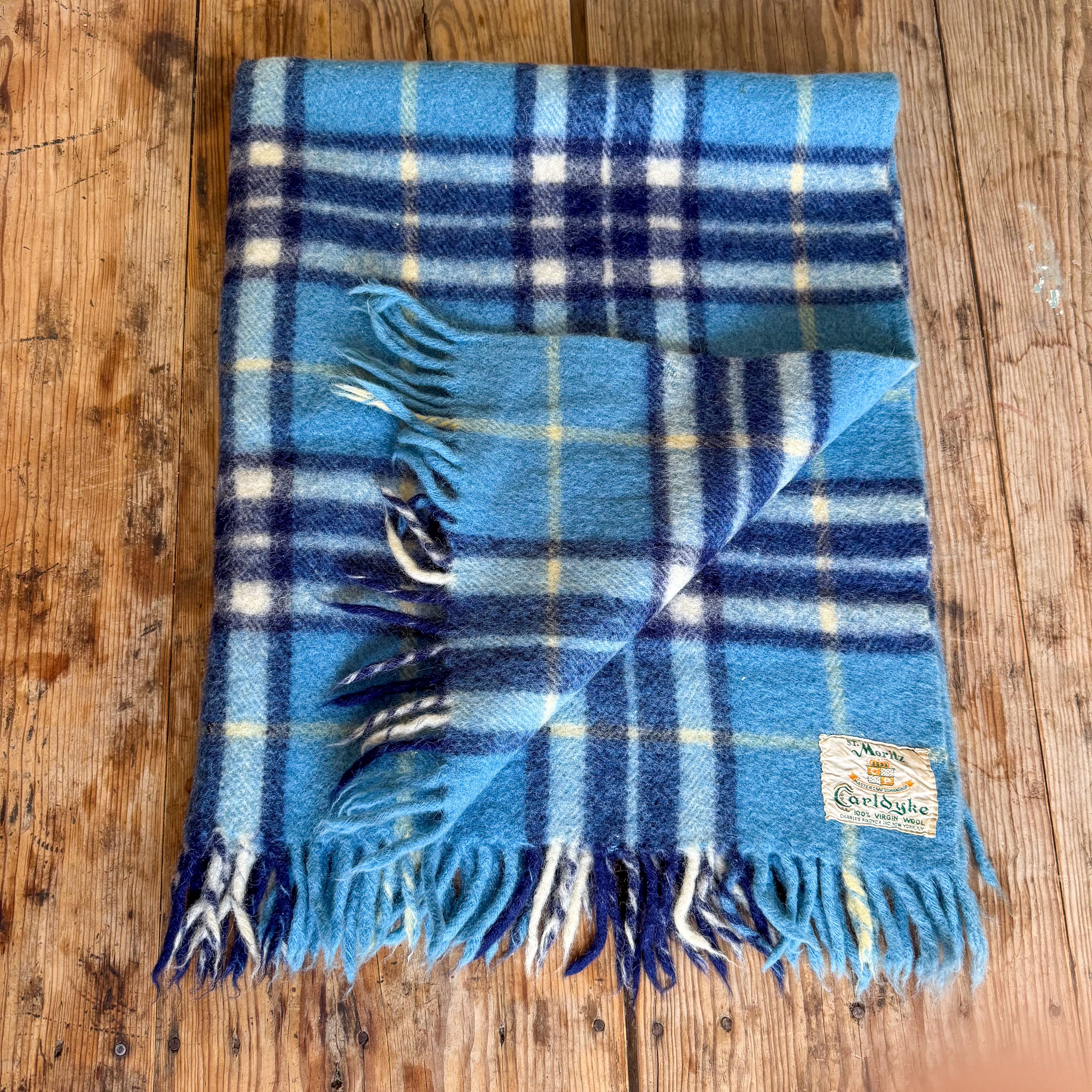 Vintage Blue Plaid Wool Blanket