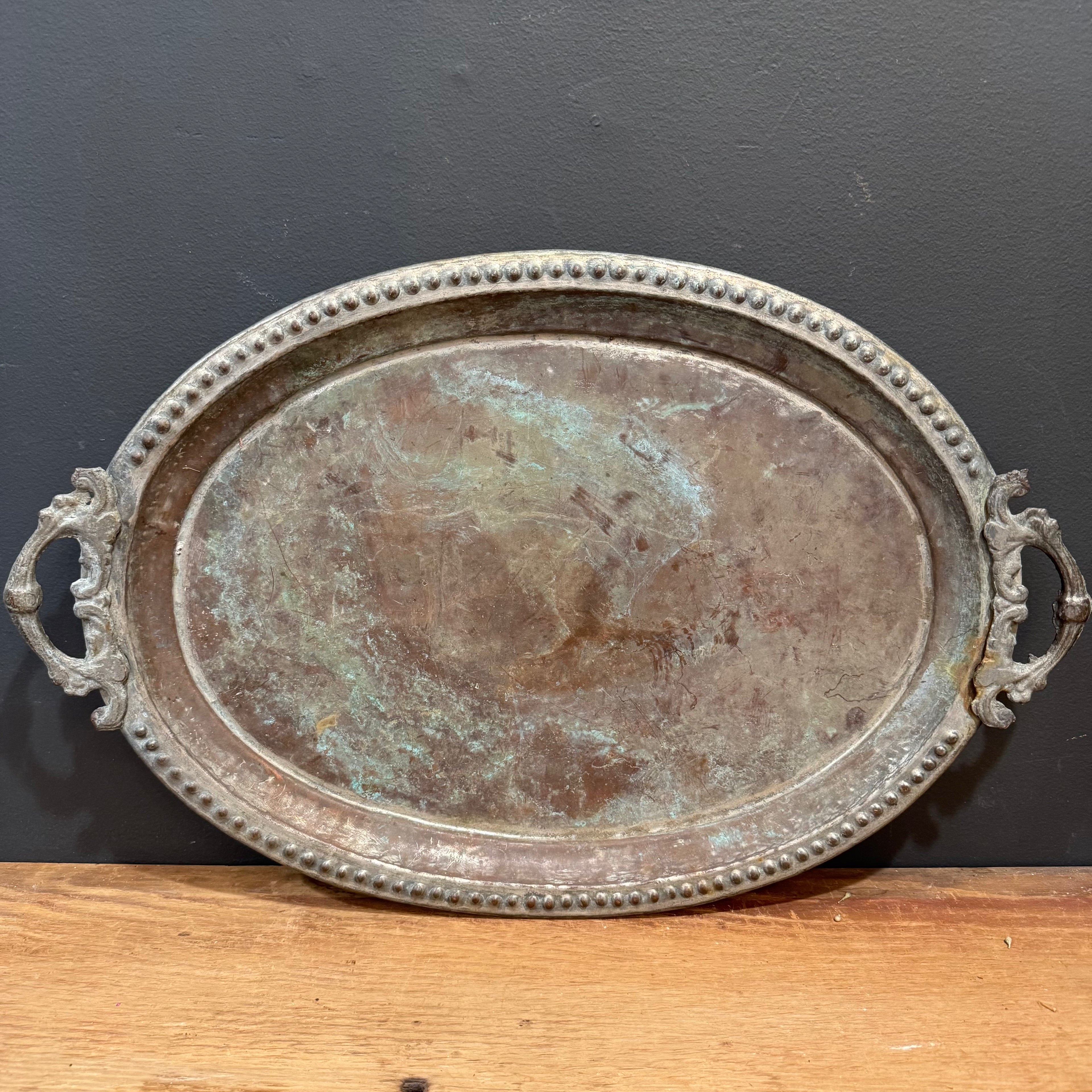 Antique Oval Silver Plate Tray with Beaded Edge