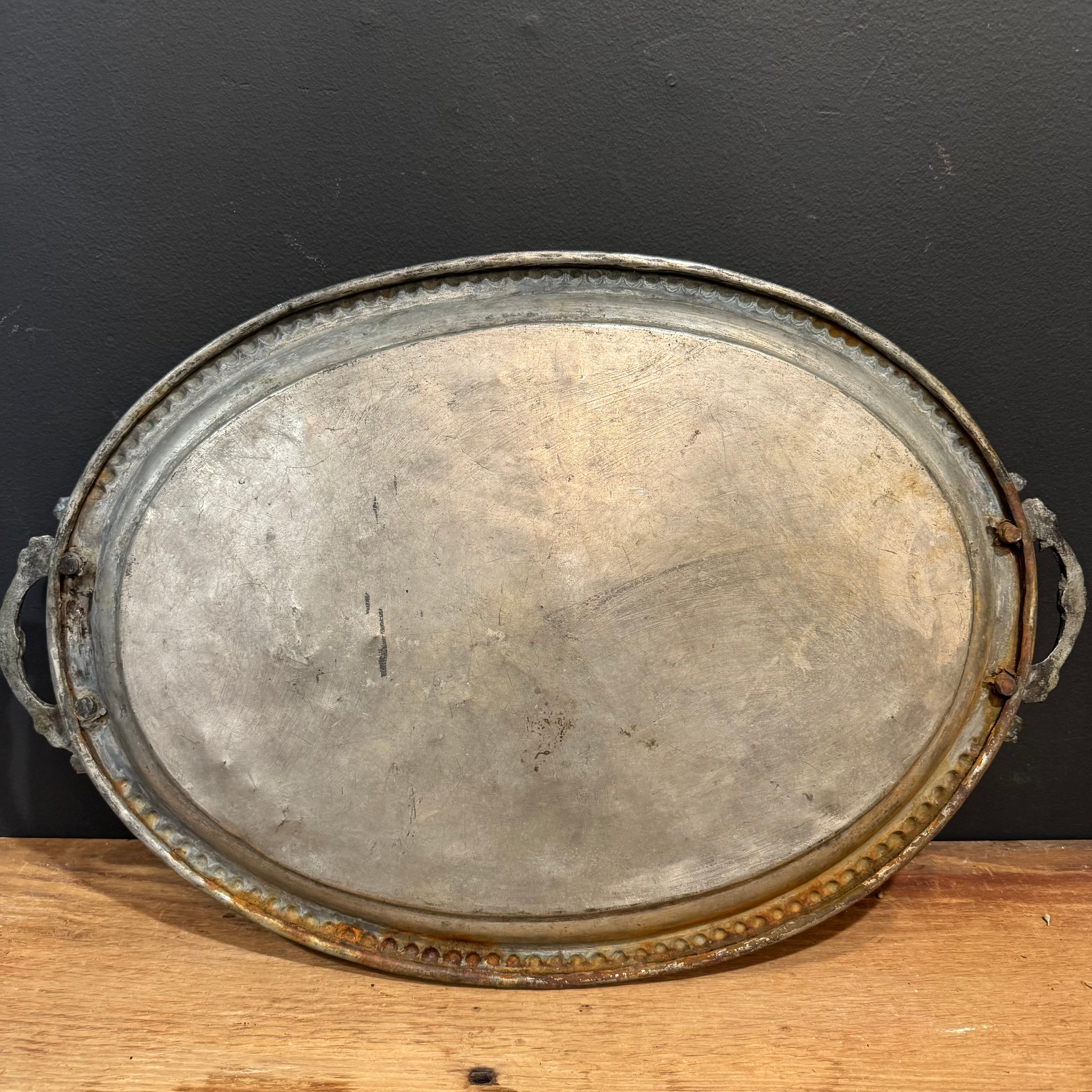 Antique Oval Silver Plate Tray with Beaded Edge