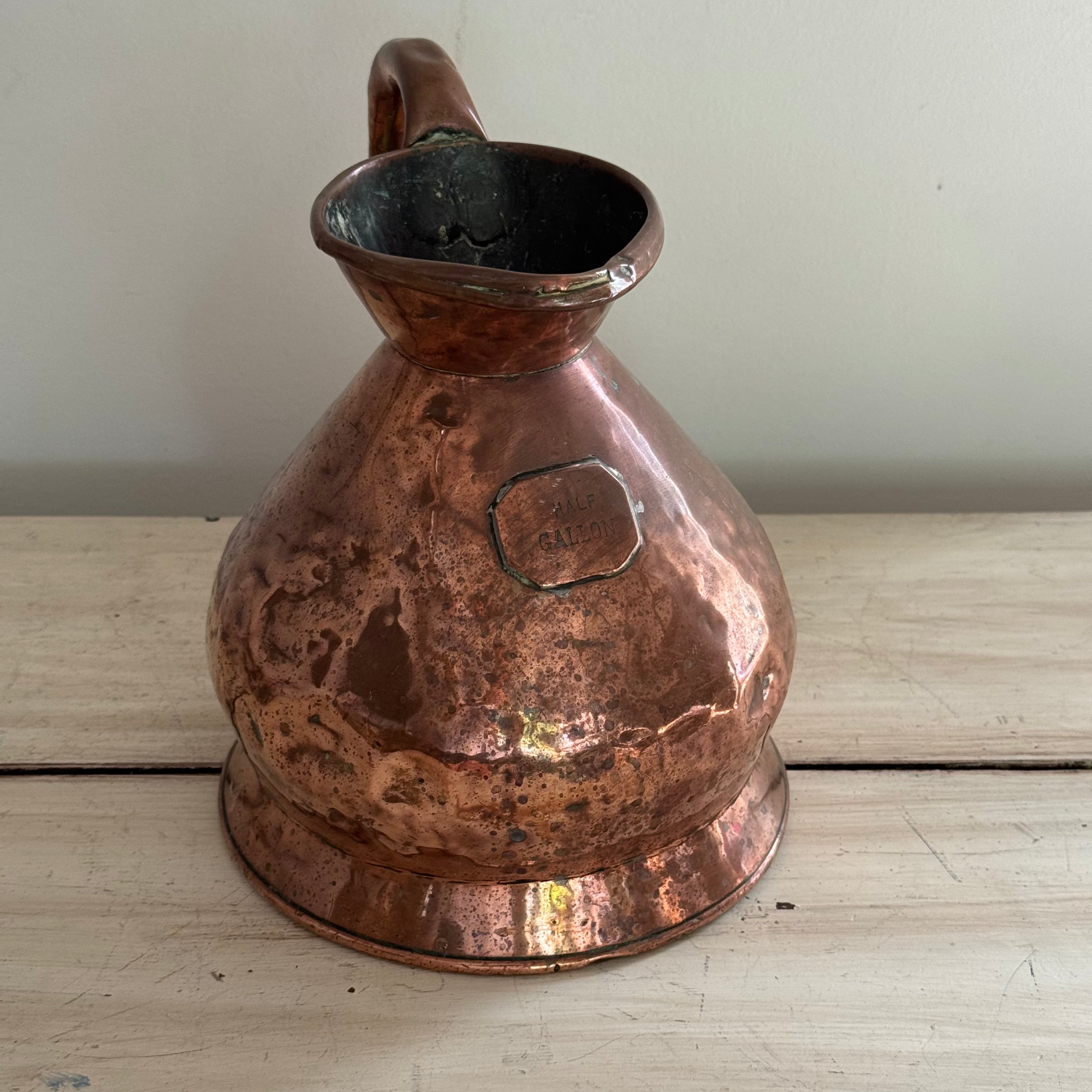 Antique English Copper Half Gallon Jug with Plaque