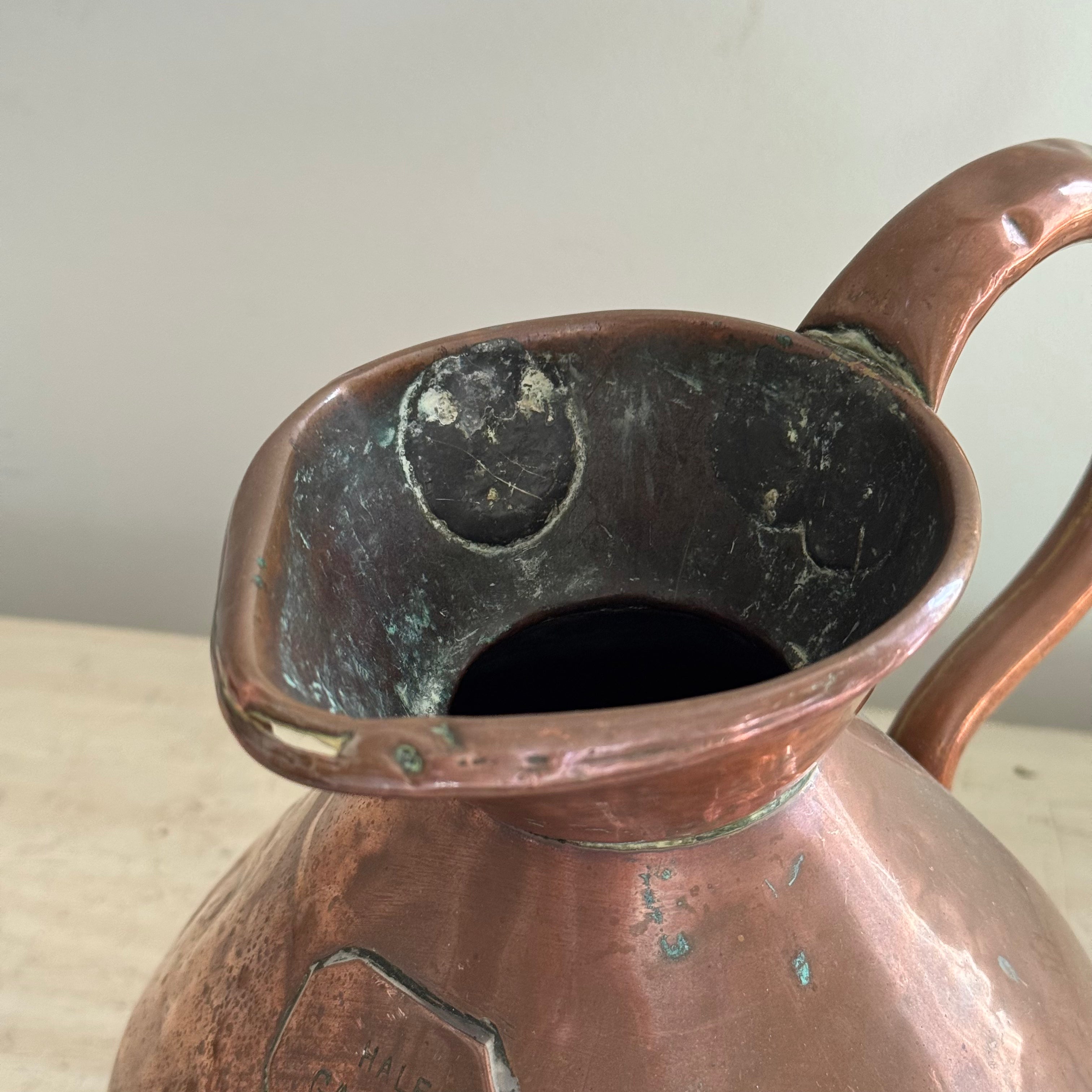 Antique English Copper Half Gallon Jug with Plaque