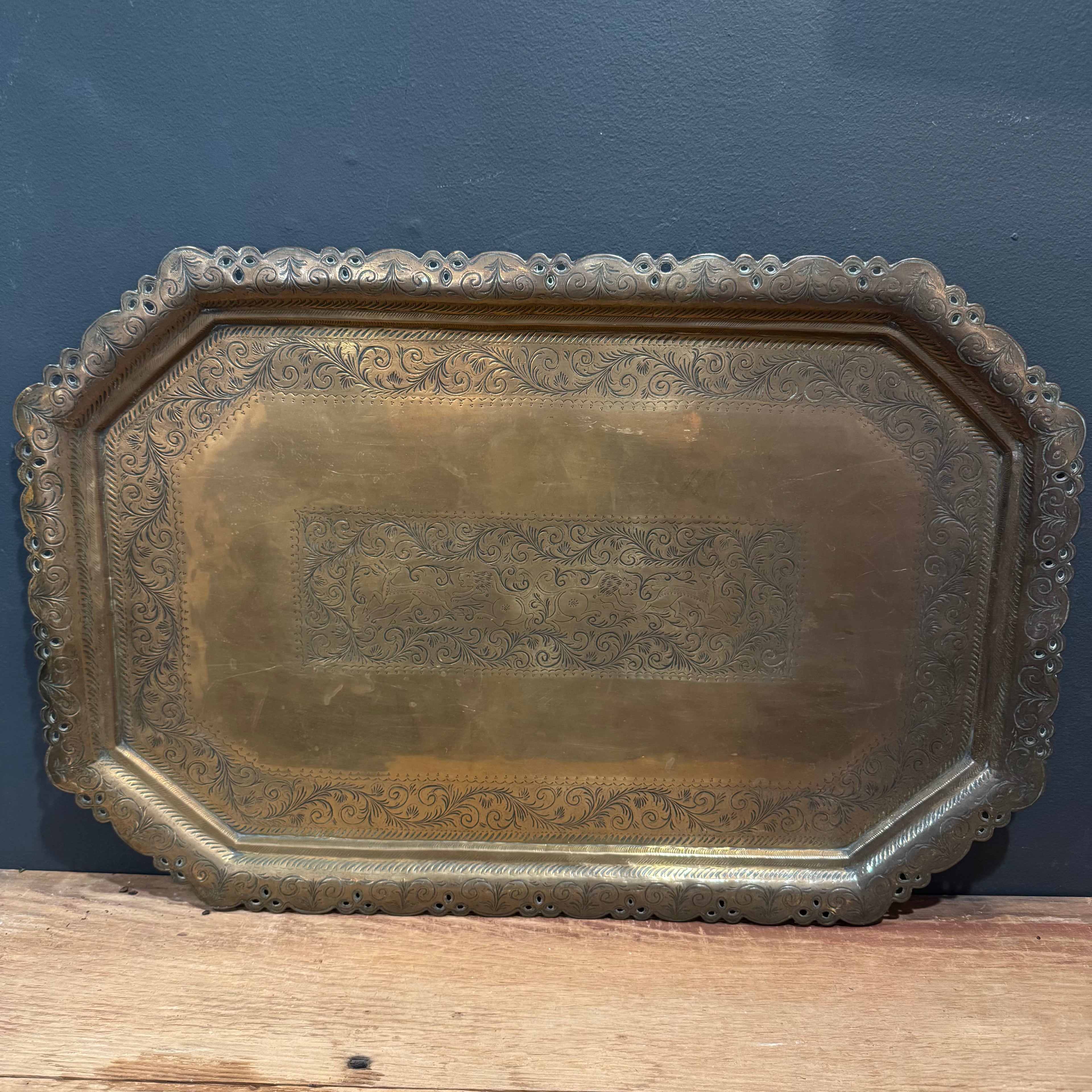 European Brass Gallery Tray with Sporting Scene