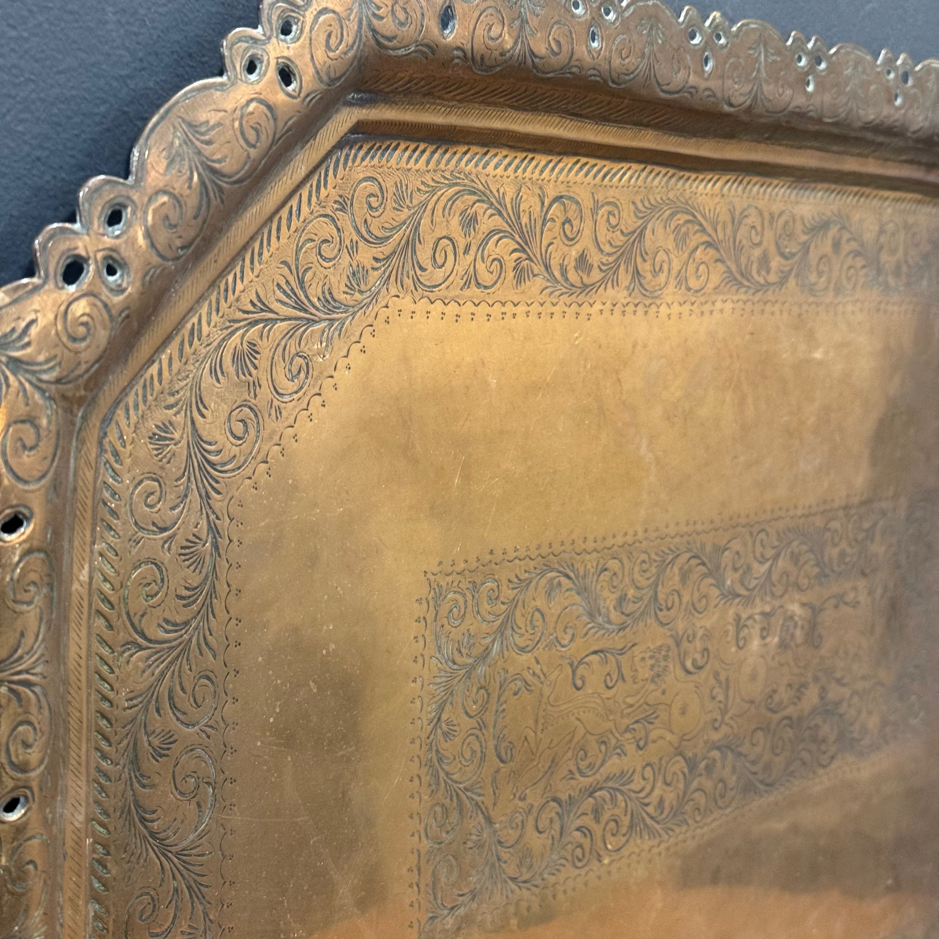 European Brass Gallery Tray with Sporting Scene