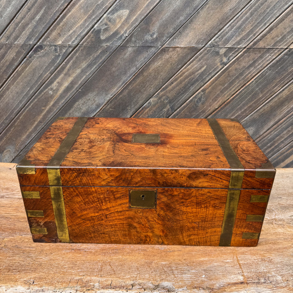 Victorian Burr Walnut English Writing Slope with Brass Mounts & Secret Drawer