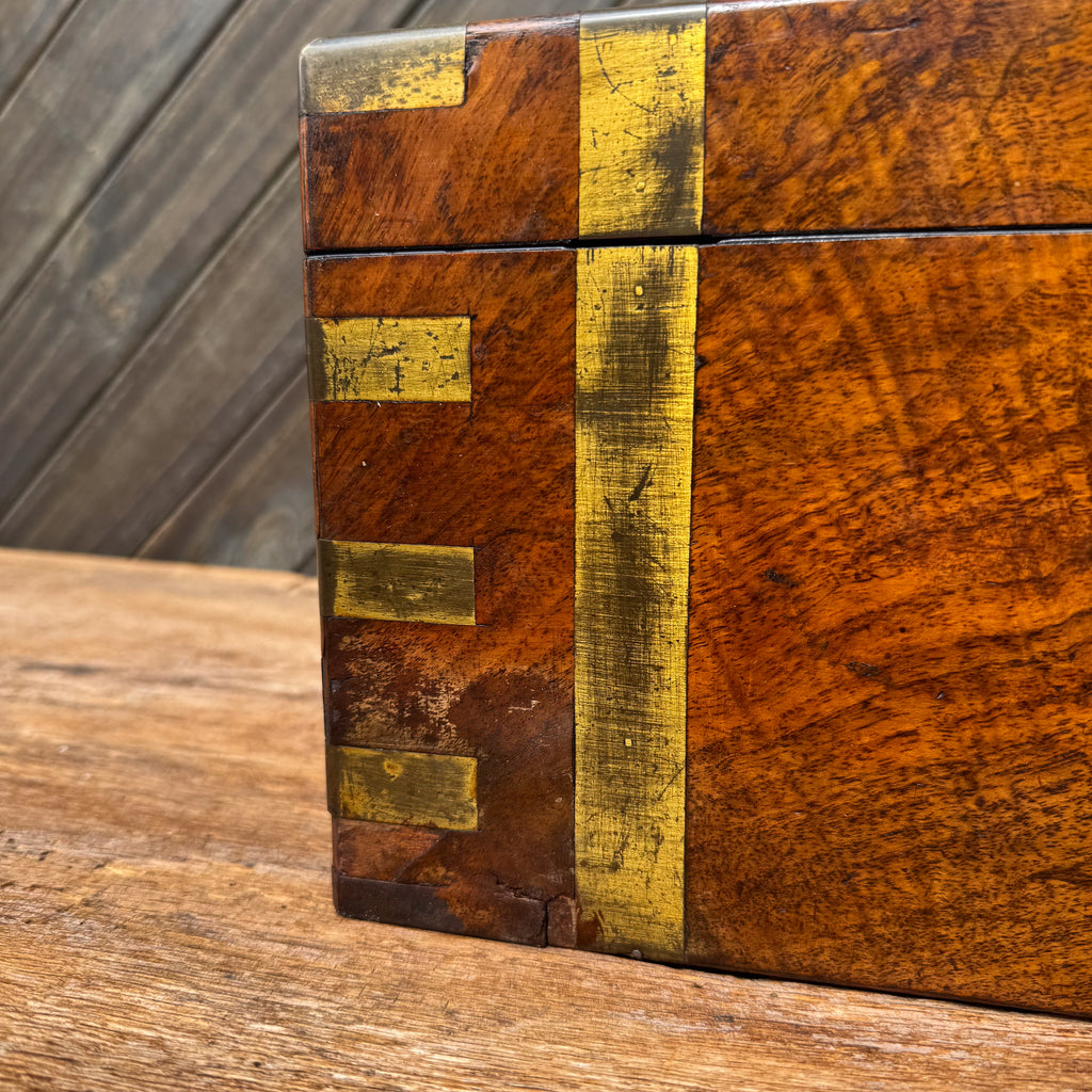 Victorian Burr Walnut English Writing Slope with Brass Mounts & Secret Drawer