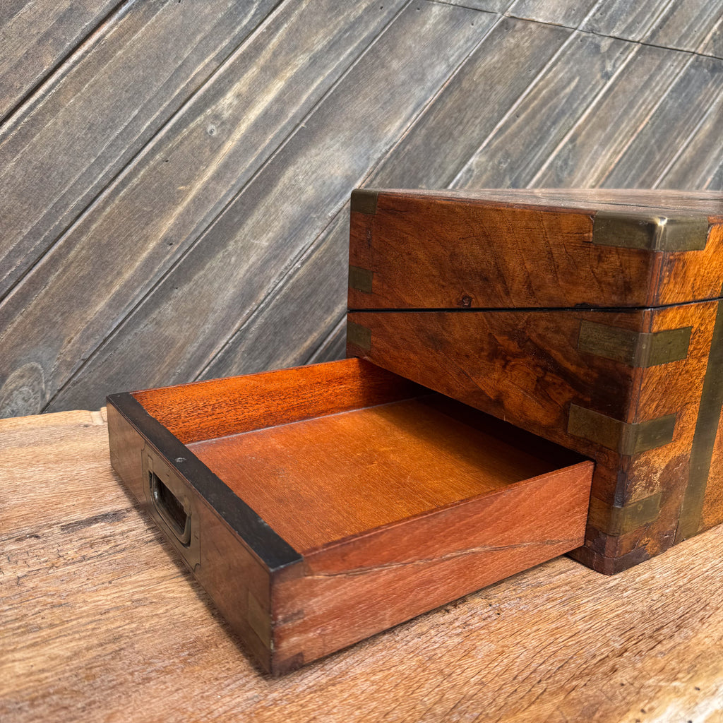 Victorian Burr Walnut English Writing Slope with Brass Mounts & Secret Drawer
