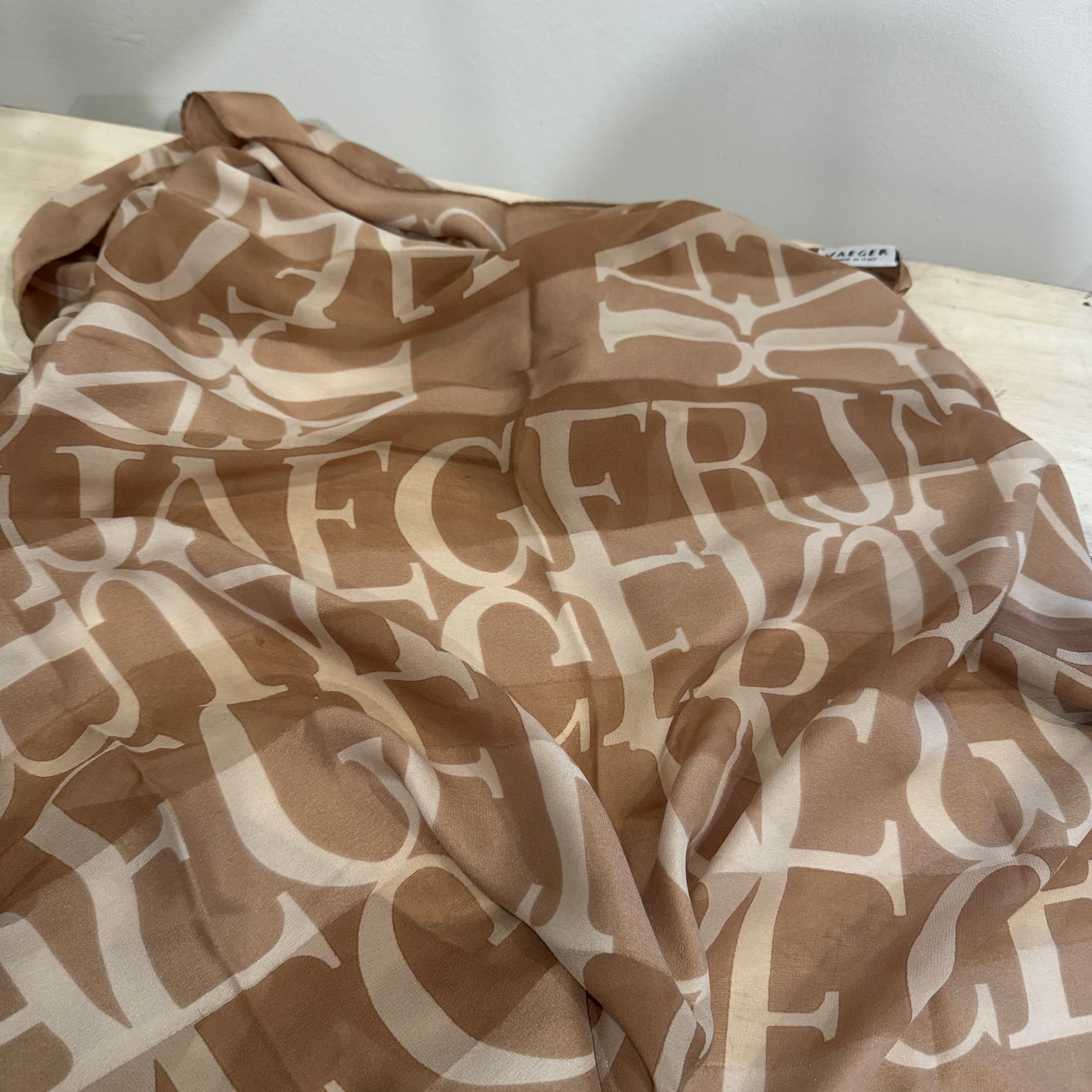Jaeger Silk Scarf in Taupe and Cream Letter Motif