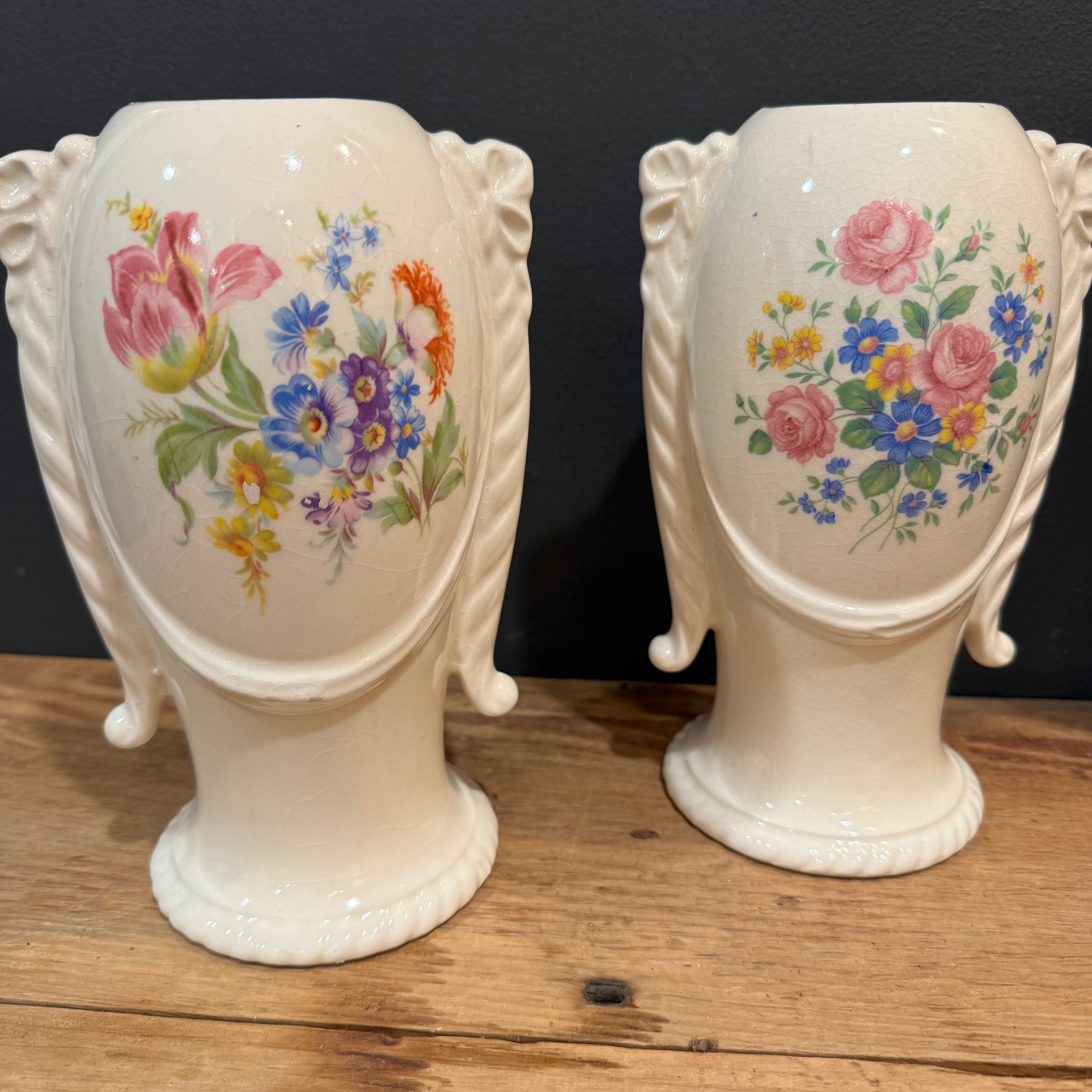 Vintage Ivory Floral Vase with Ribbon Detail Pair