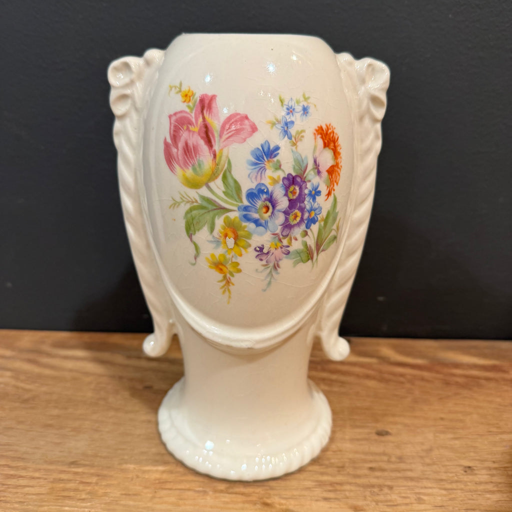 Vintage Ivory Floral Vase with Ribbon Detail Pair