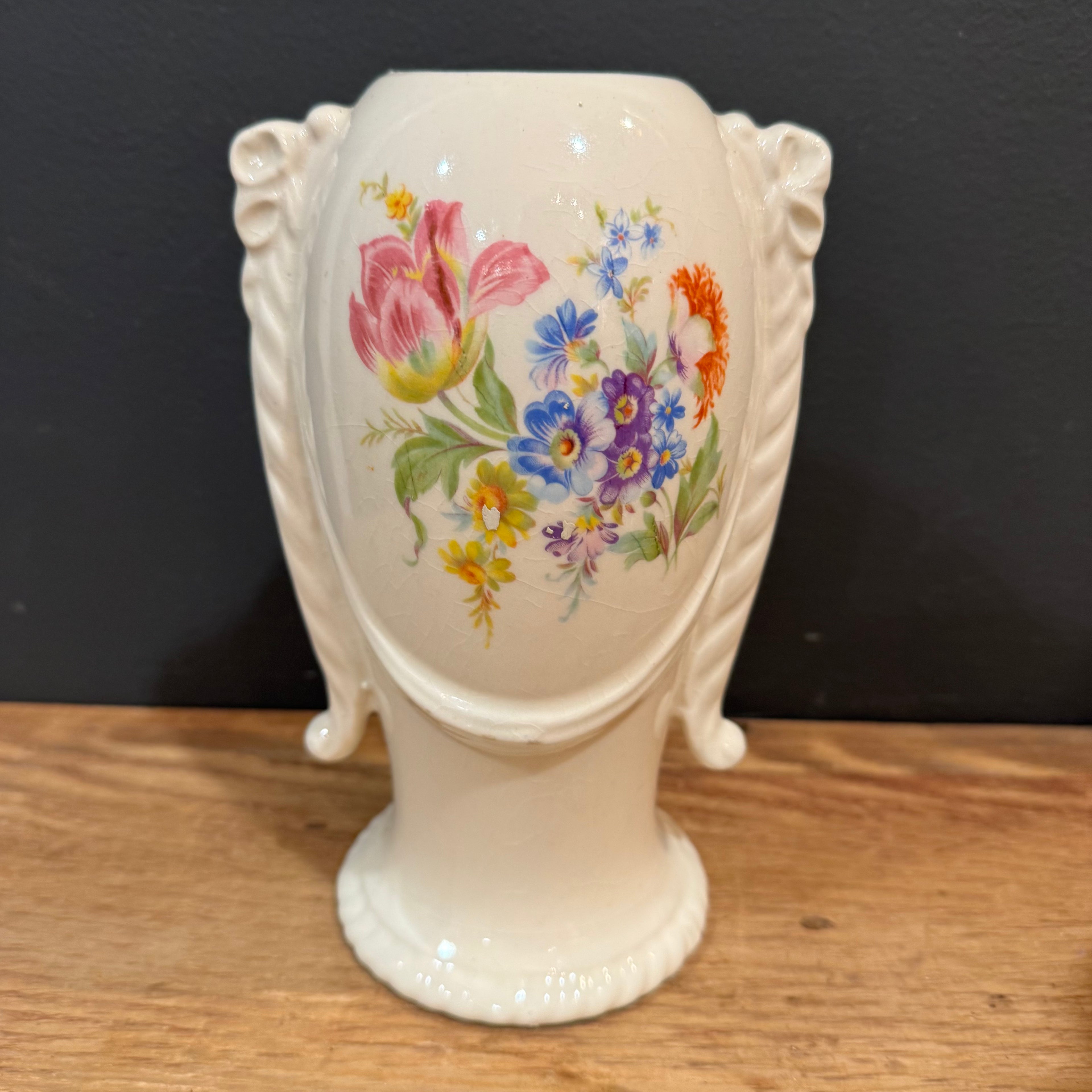 Vintage Ivory Floral Vase with Ribbon Detail Pair