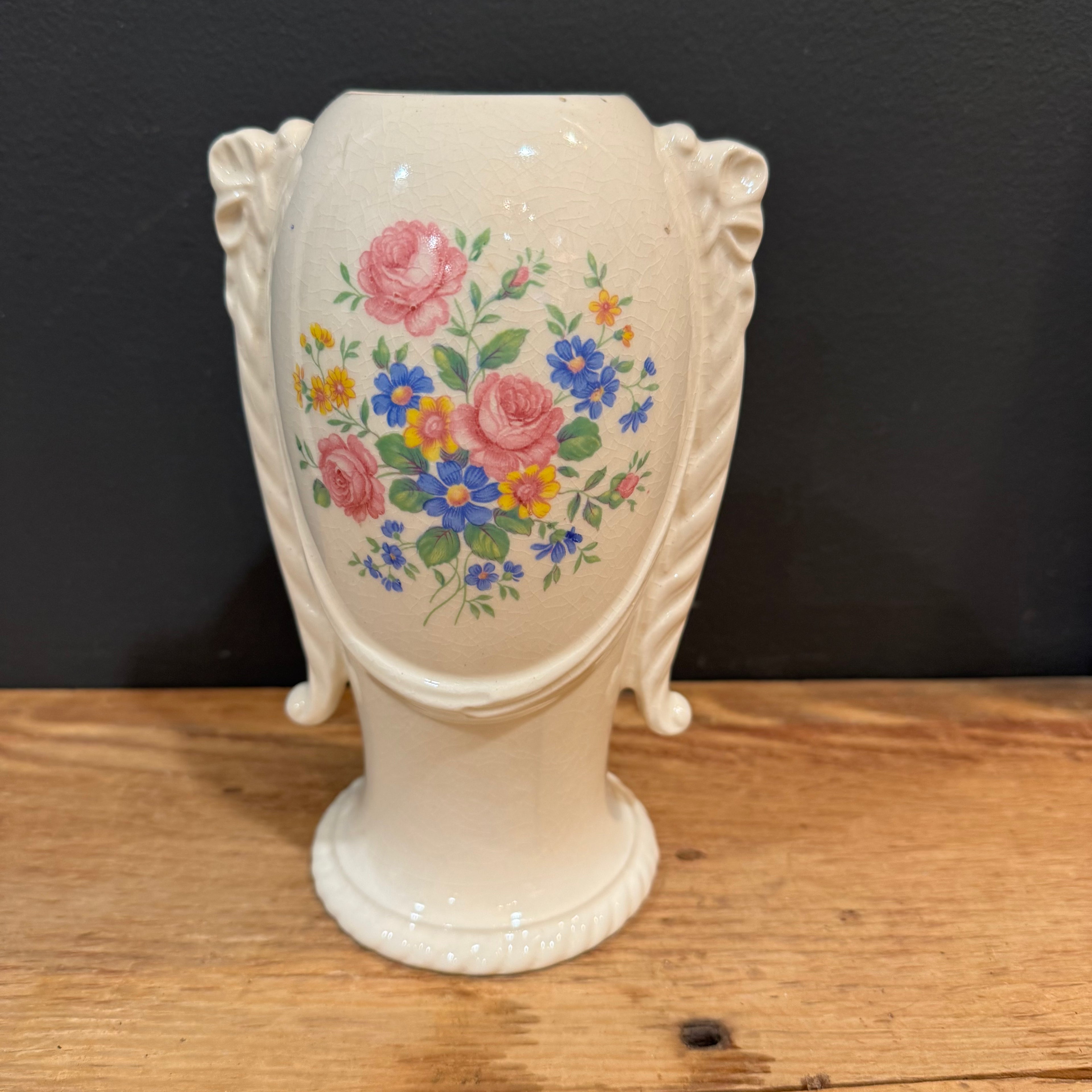Vintage Ivory Floral Vase with Ribbon Detail Pair