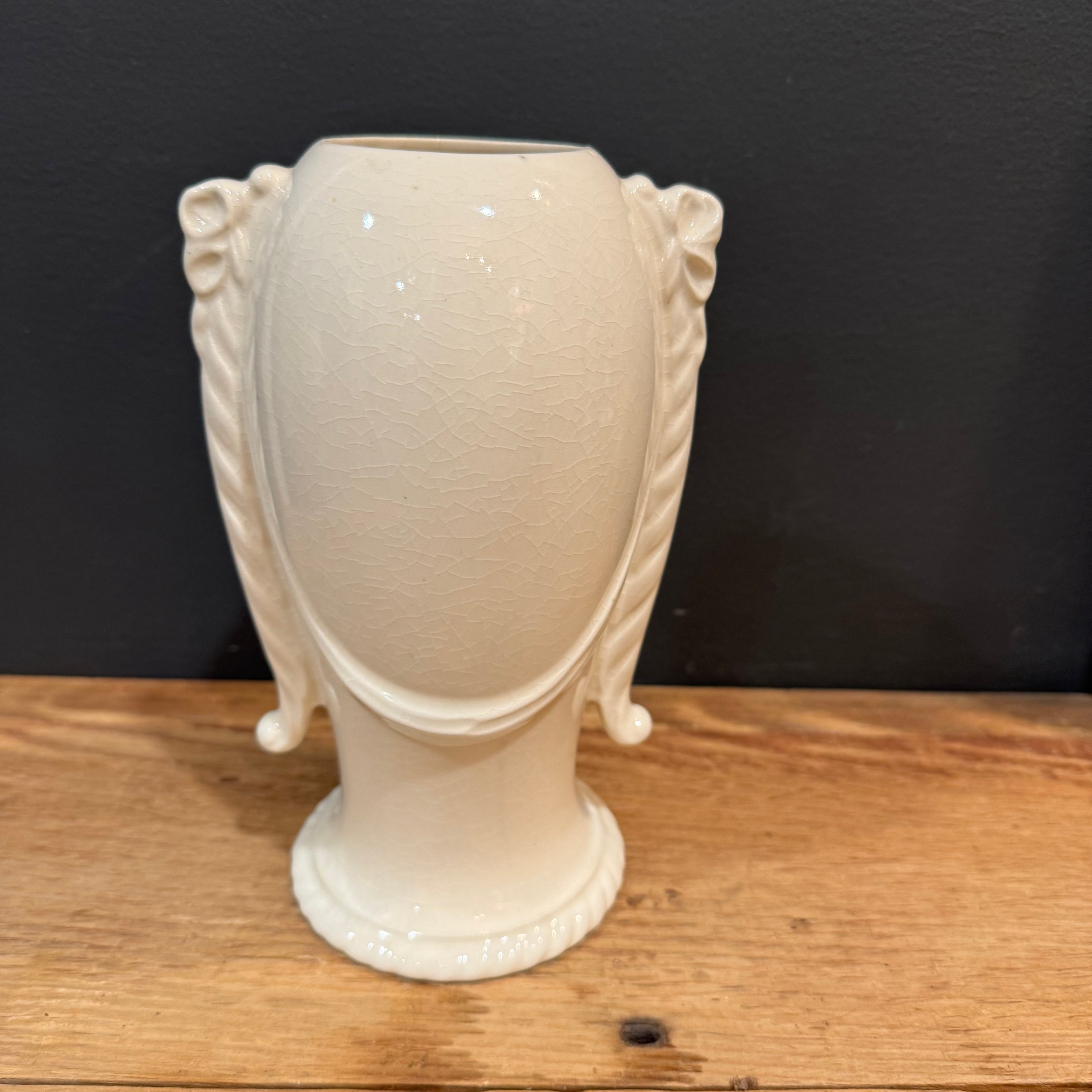 Vintage Ivory Floral Vase with Ribbon Detail Pair