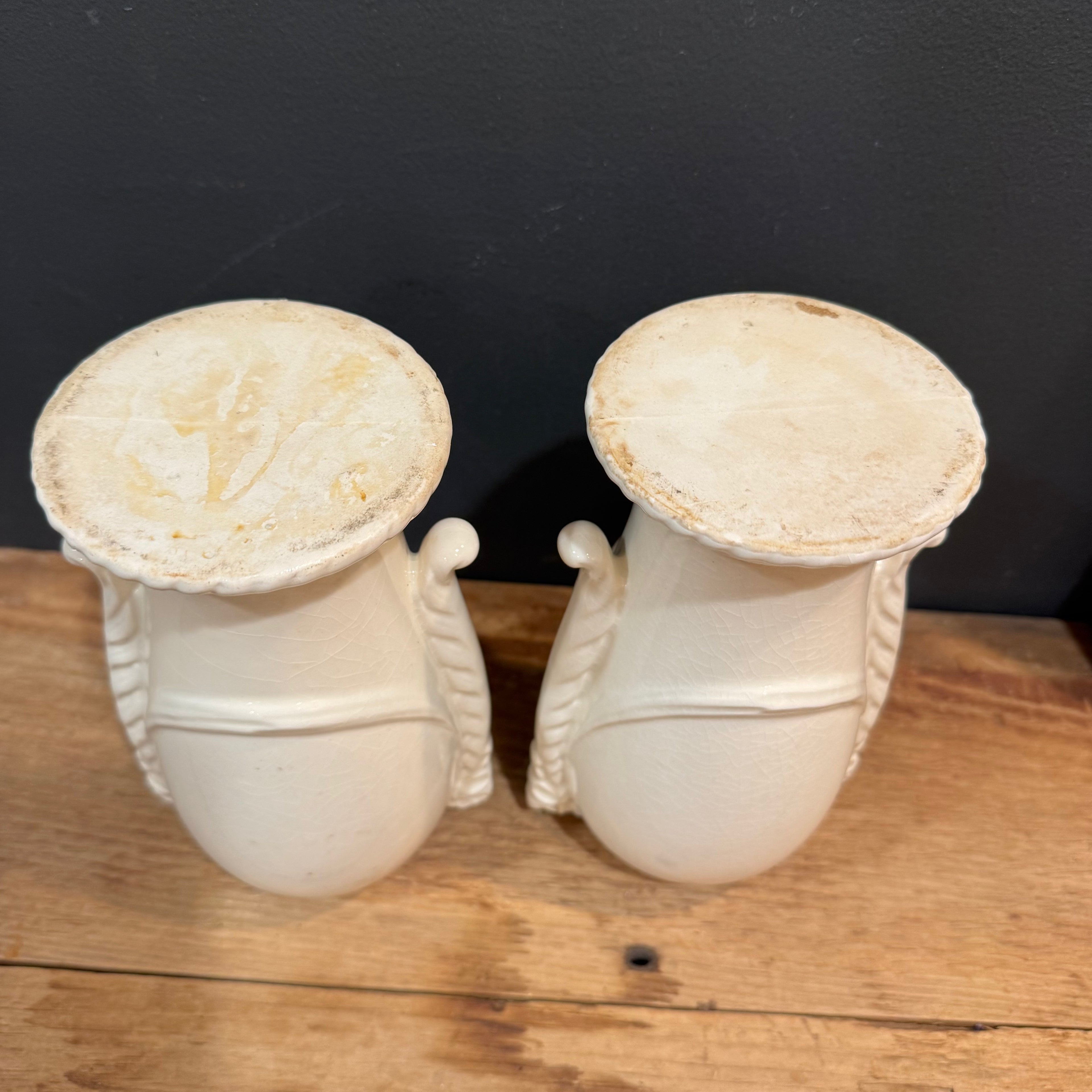 Vintage Ivory Floral Vase with Ribbon Detail Pair