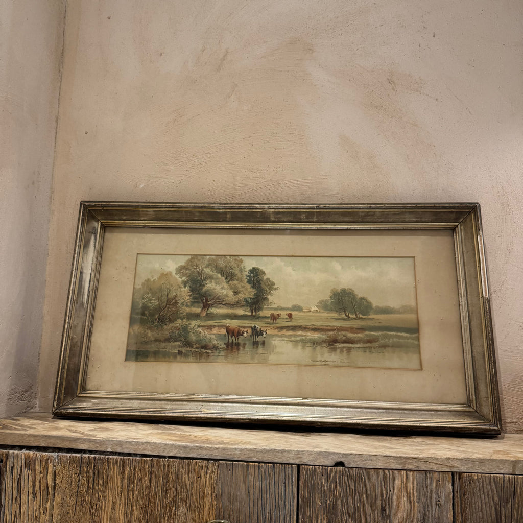 English Pastoral Landscape Print In Silvered Frame