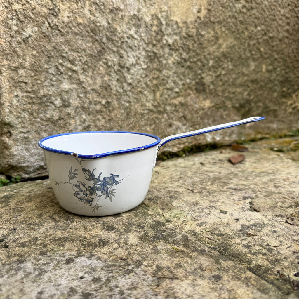 French Blue and White Enamelware Saucepan Set with Lids, Set of Five