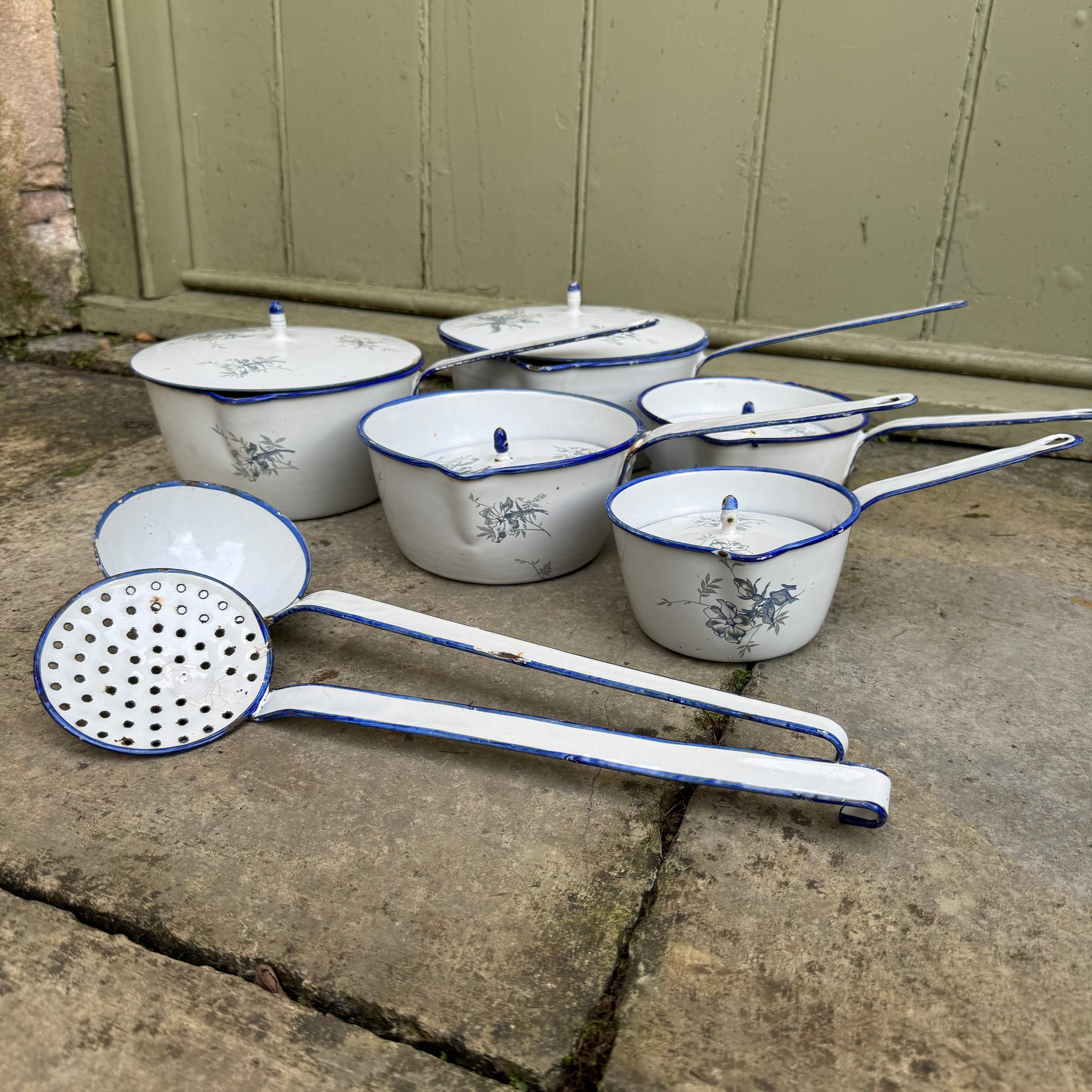 French Blue and White Enamelware Saucepan Set with Lids, Set of Five