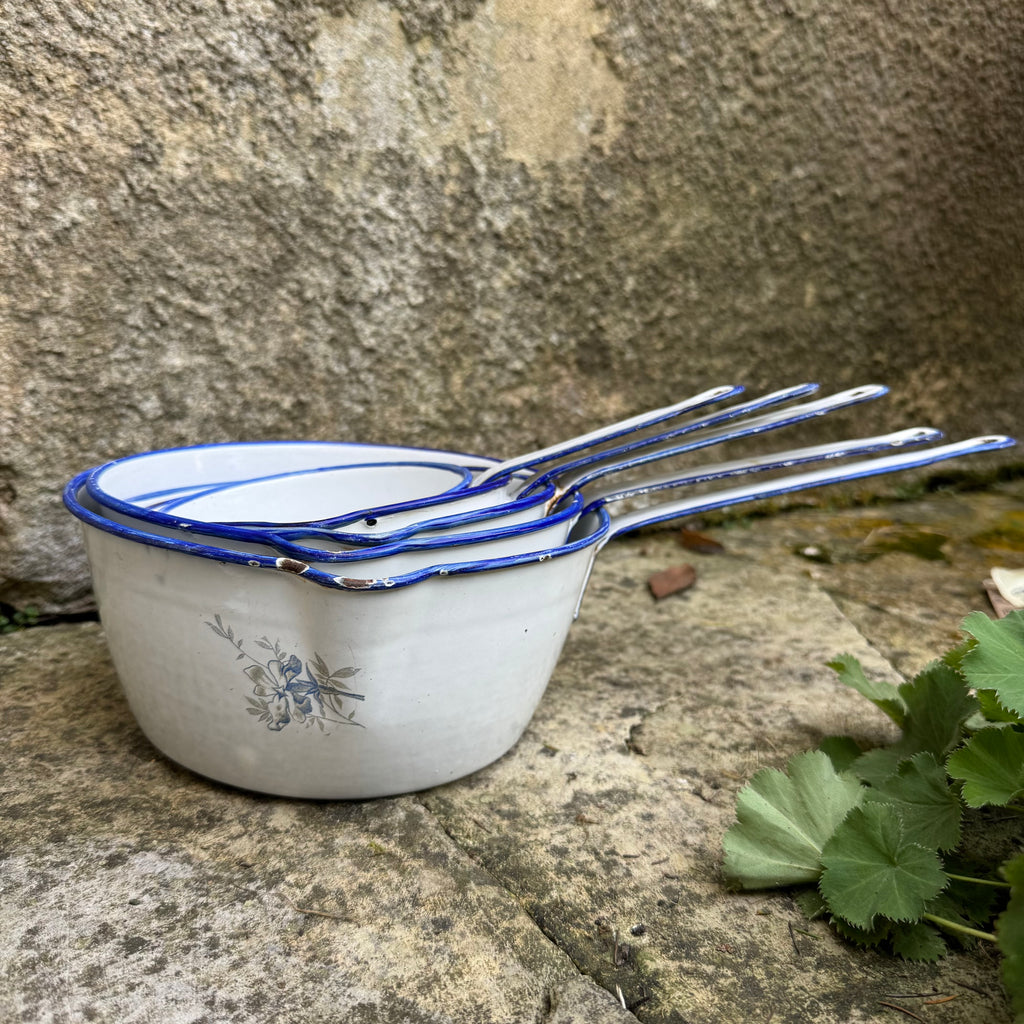 French Blue and White Enamelware Saucepan Set with Lids, Set of Five