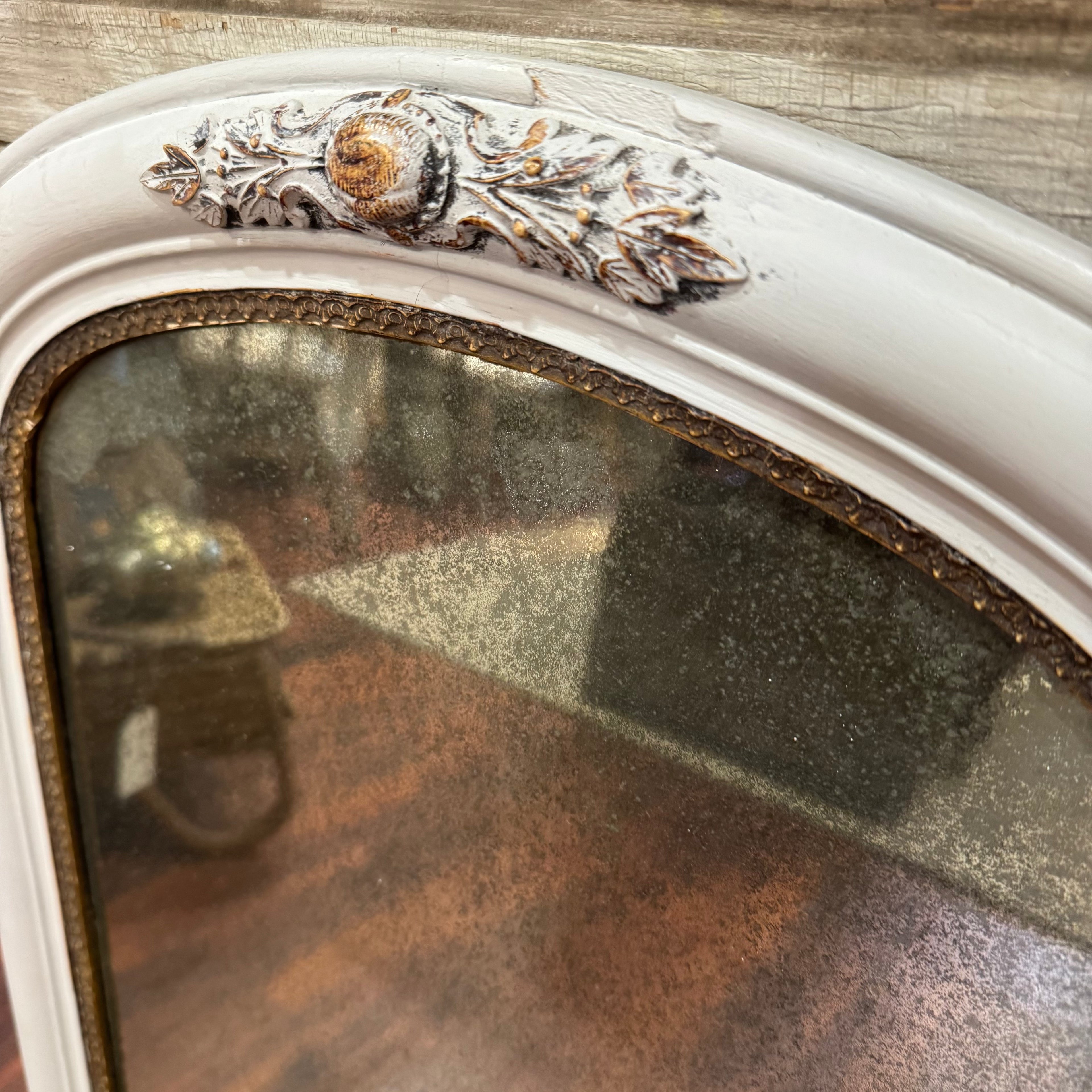 Vintage Arched Foxed Mirror With Acorn Motif