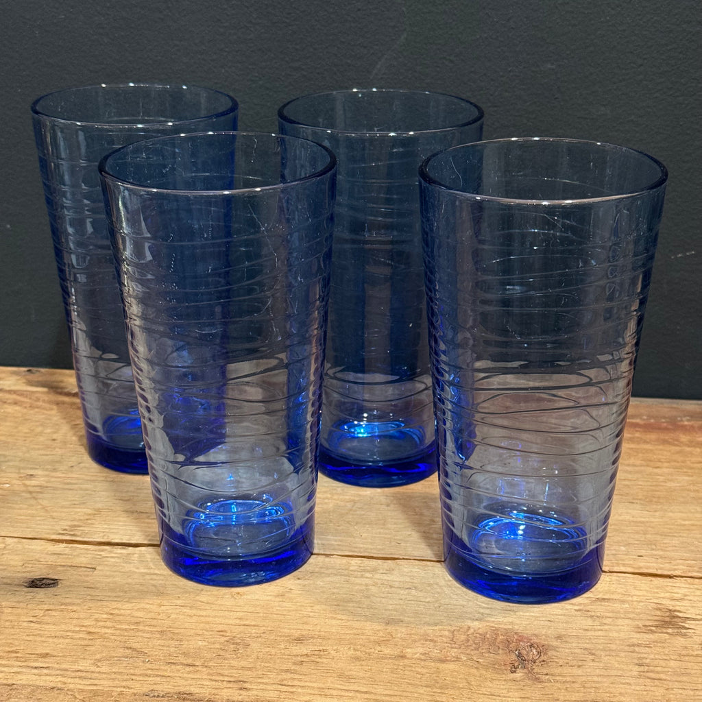 Vintage Cobalt Blue Optic Drinking Glasses – Set of 4