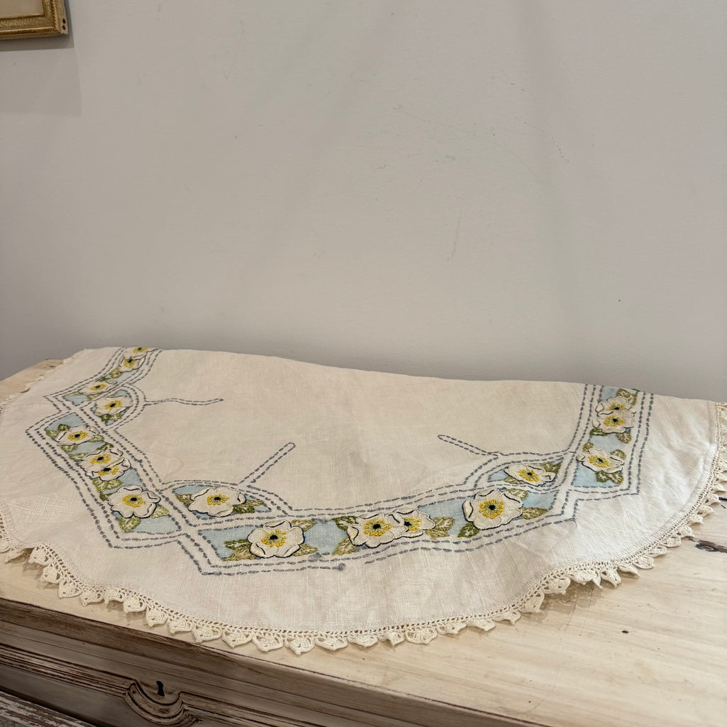 Vintage Hand Embroidered Linen Table Topper