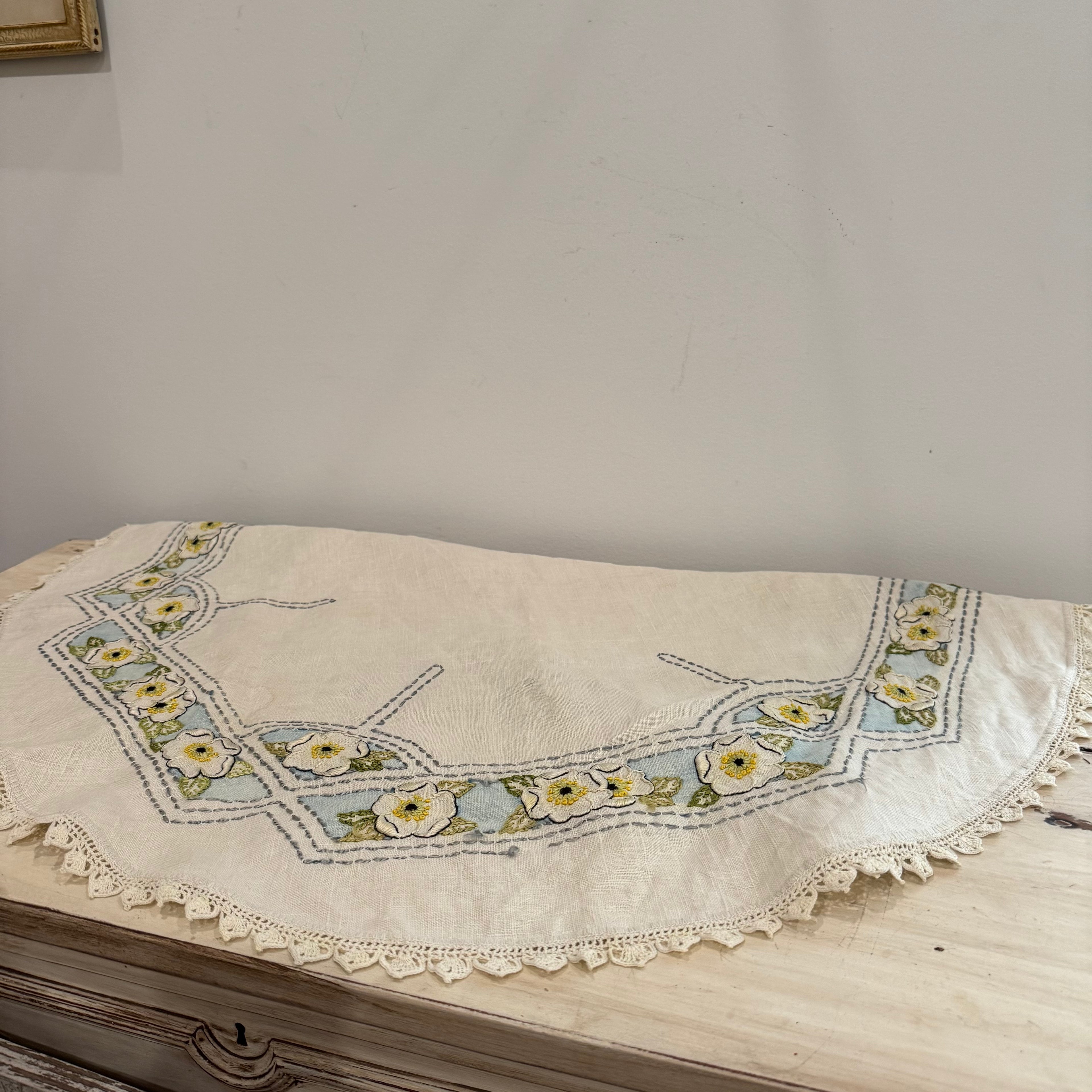 Vintage Hand Embroidered Linen Table Topper