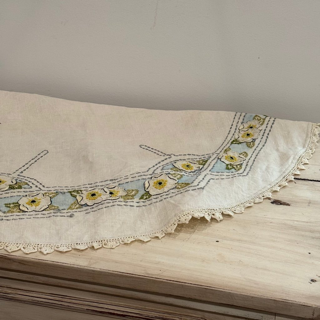 Vintage Hand Embroidered Linen Table Topper