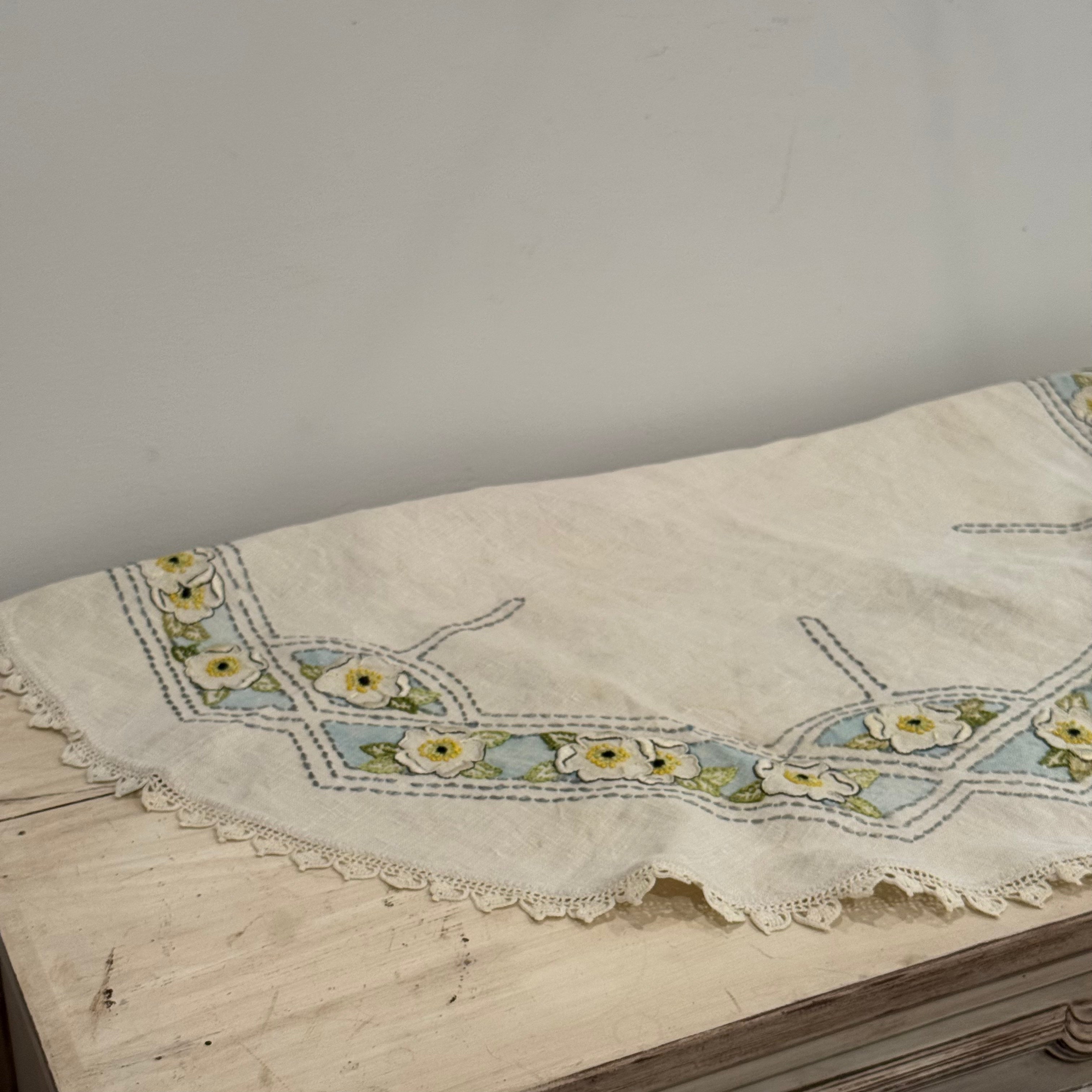 Vintage Hand Embroidered Linen Table Topper