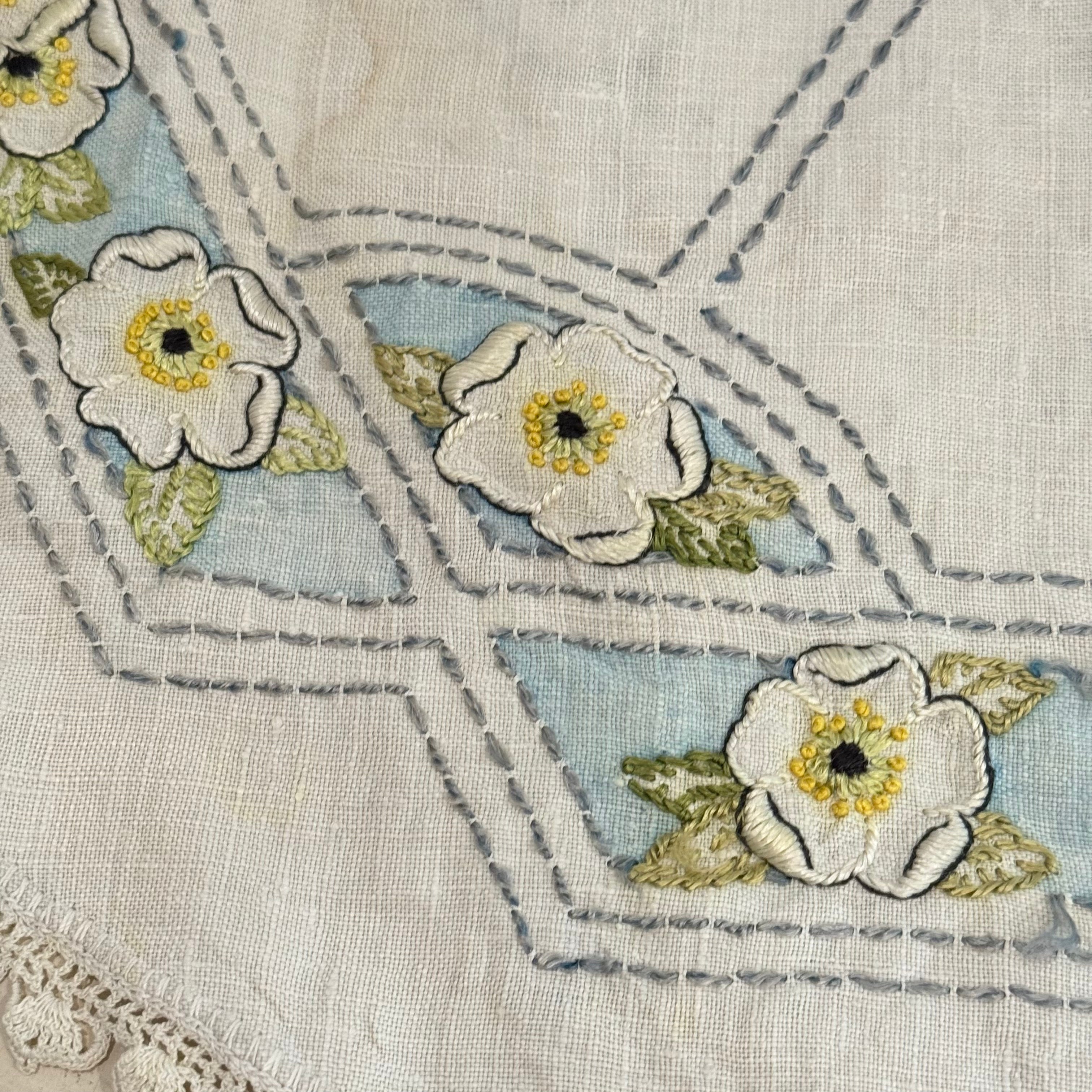 Vintage Hand Embroidered Linen Table Topper